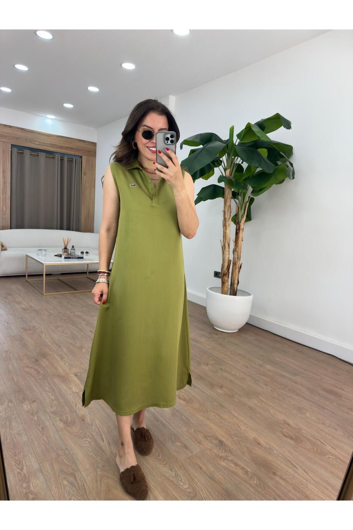2she Orijinal Marka Basic Midi Elbise - Yağ Yeşili