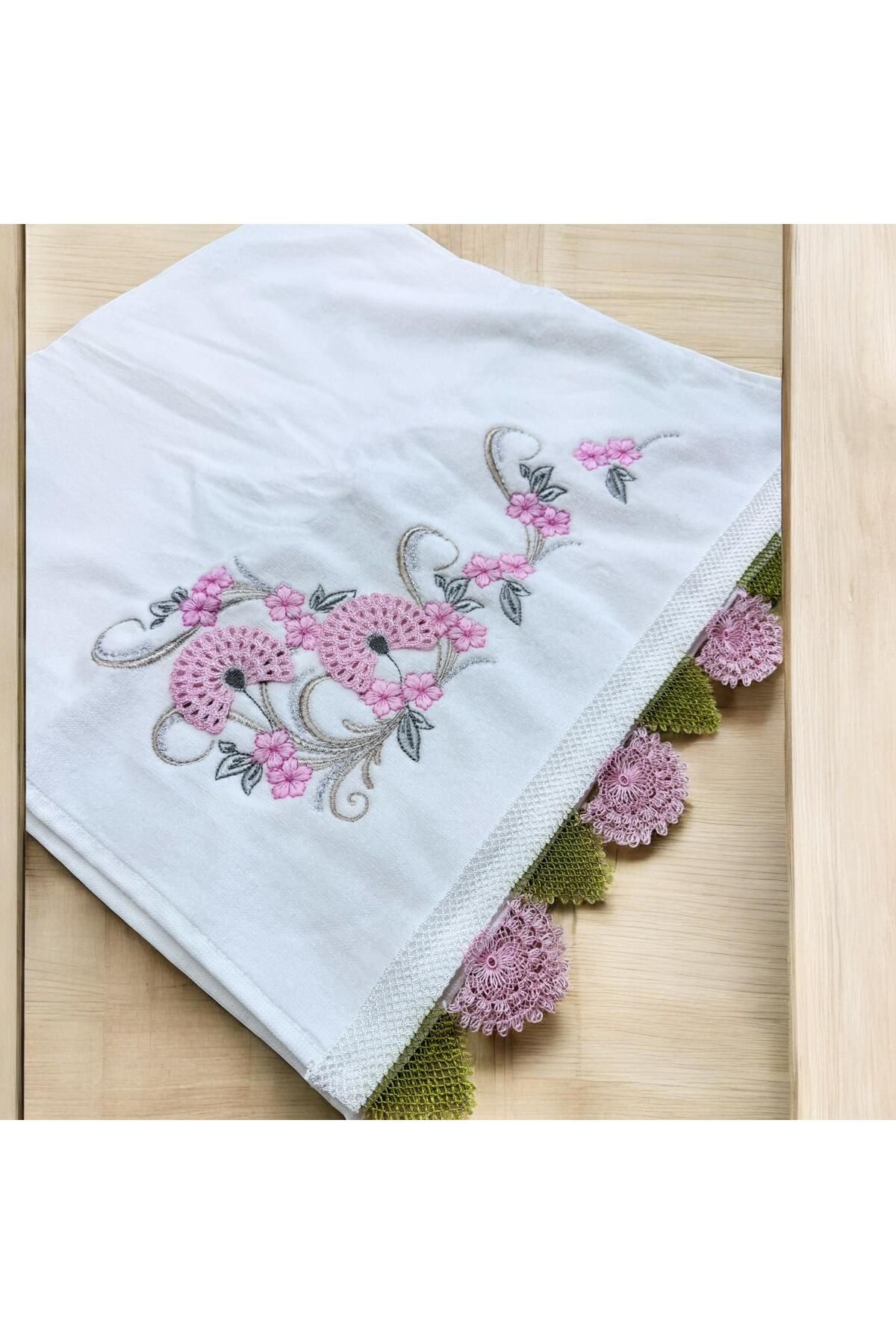 TUTUYA TEXTIL İğne Oyalı El işi Kadife 50 X90 cm El Havlusu Çeyizlik Havlu Çift Tarafı Dantelli
