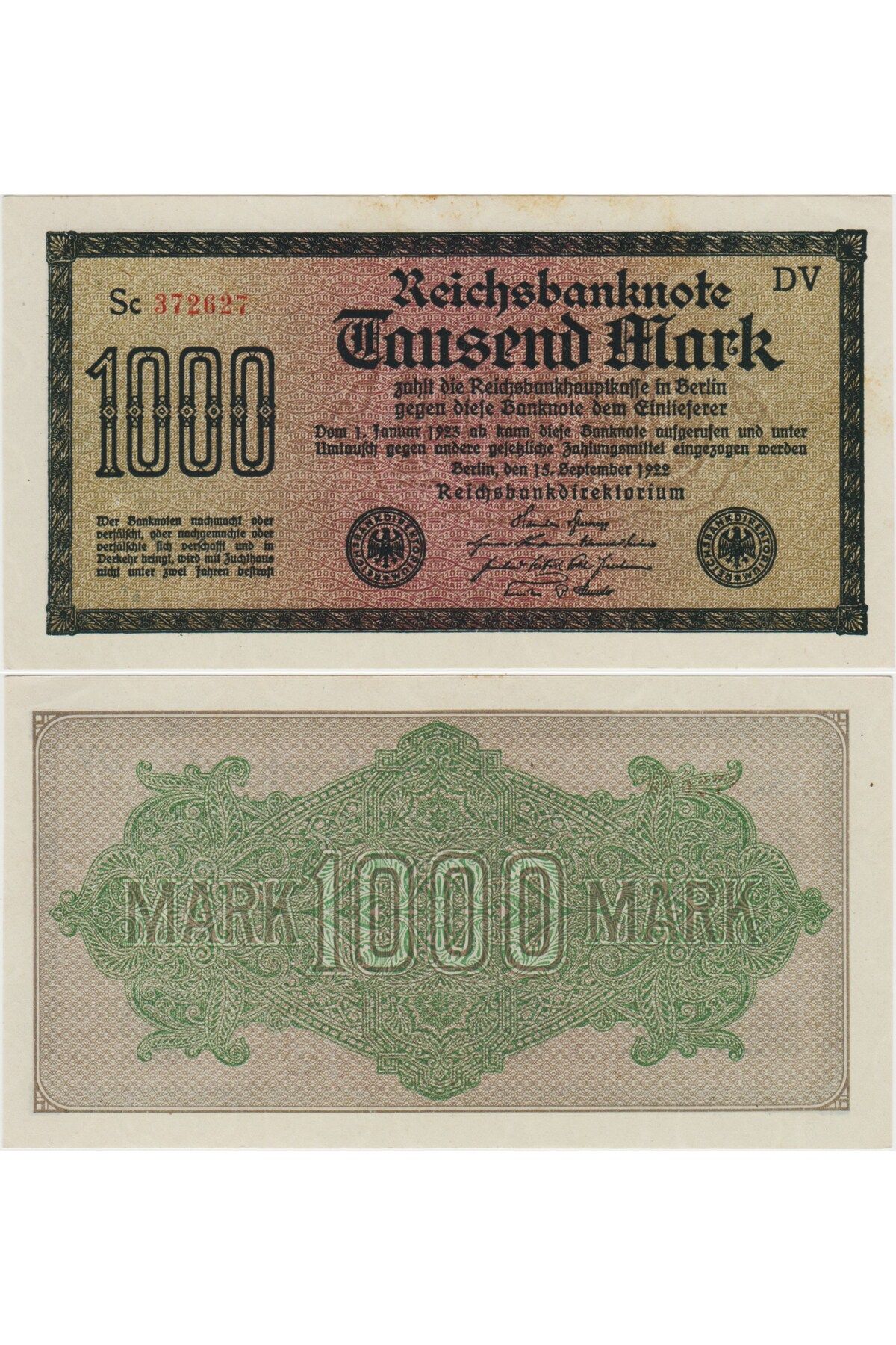 Banknoting ALMANYA 1000 MARK 1922 WEİMAR CUMHURİYETİ DÖNEMİ. ÇİL(-) KONDİSYON.