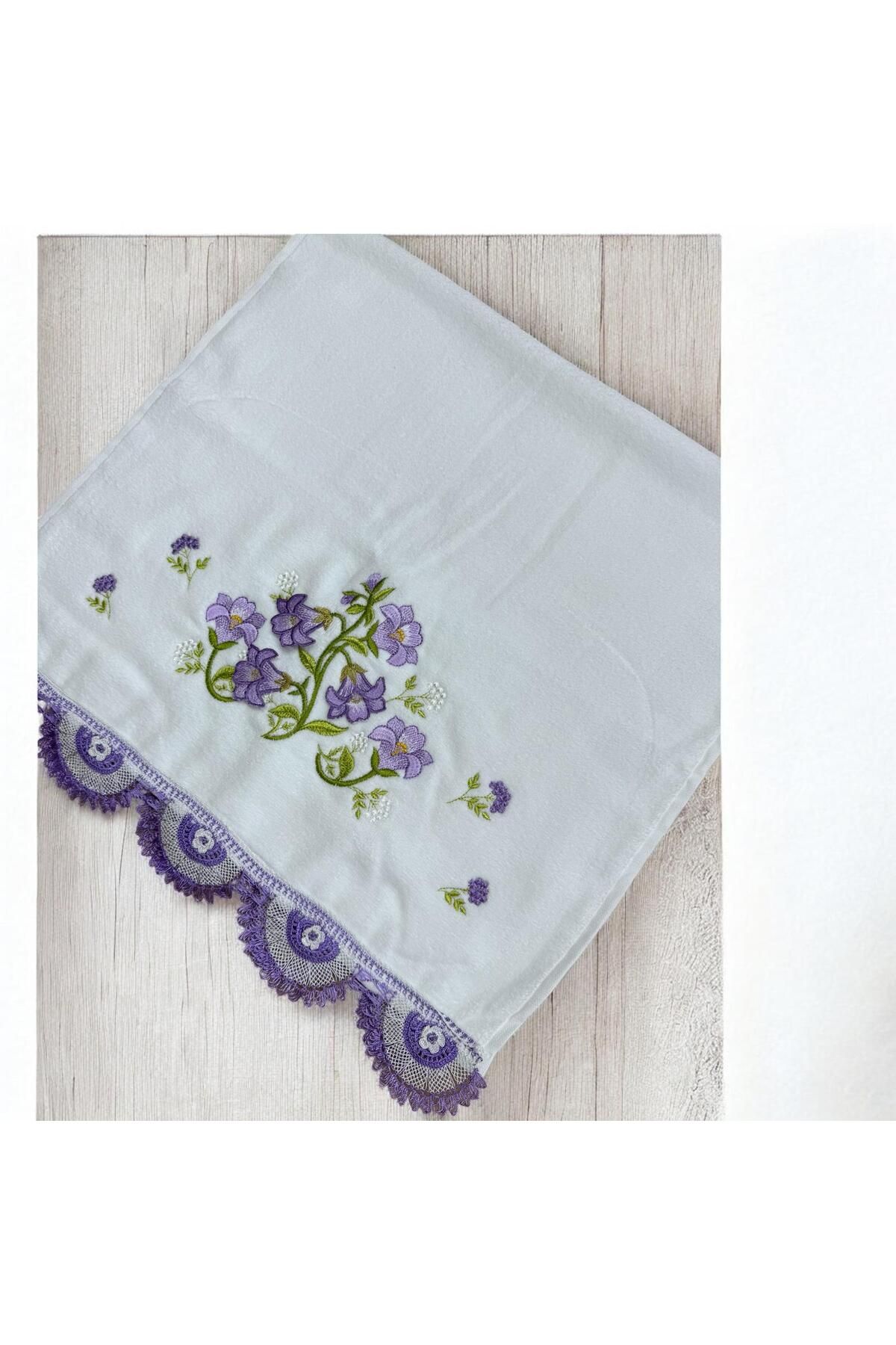 TUTUYA TEXTIL İğne Oyalı El işi Kadife 50 X90 cm El Havlusu Çeyizlik Havlu Çift Tarafı Dantelli