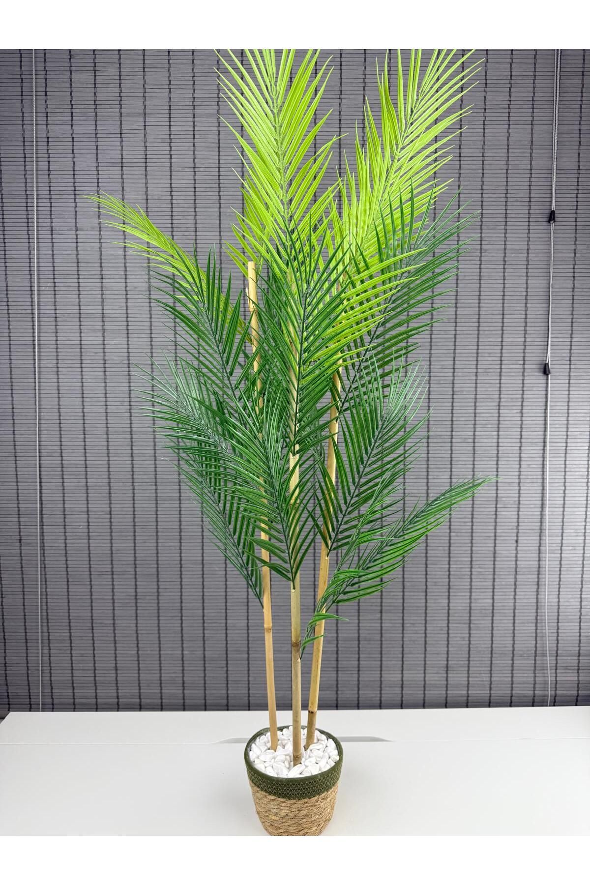 Bahçem Dekoratif Yapay Yapraklı Hasır Sea Grass/Yeşil Koton Saksılı Areka Palmiye Ağacı 3 Gövde 120cm