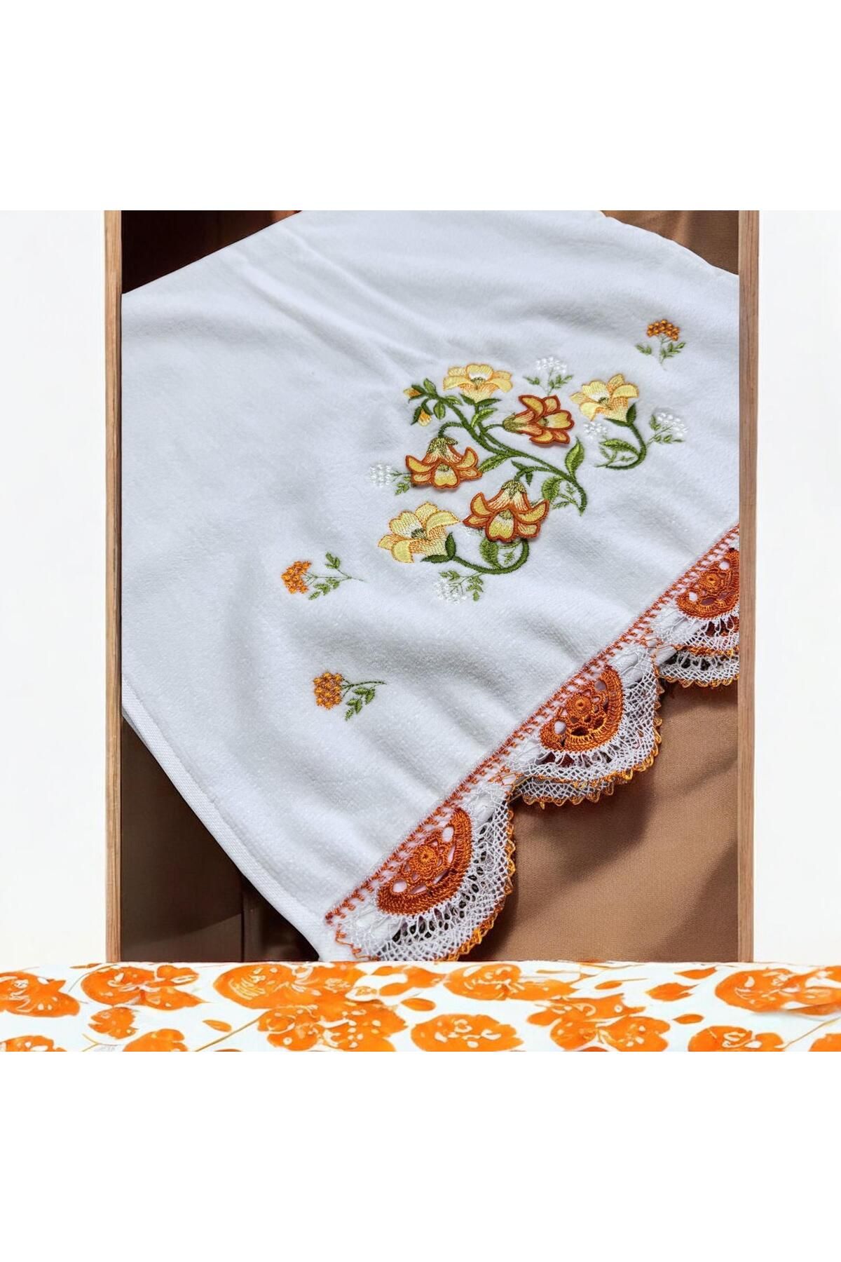 TUTUYA TEXTIL İğne Oyalı El işi Kadife 50 X90 cm El Havlusu Çeyizlik Havlu Çift Tarafı Dantelli