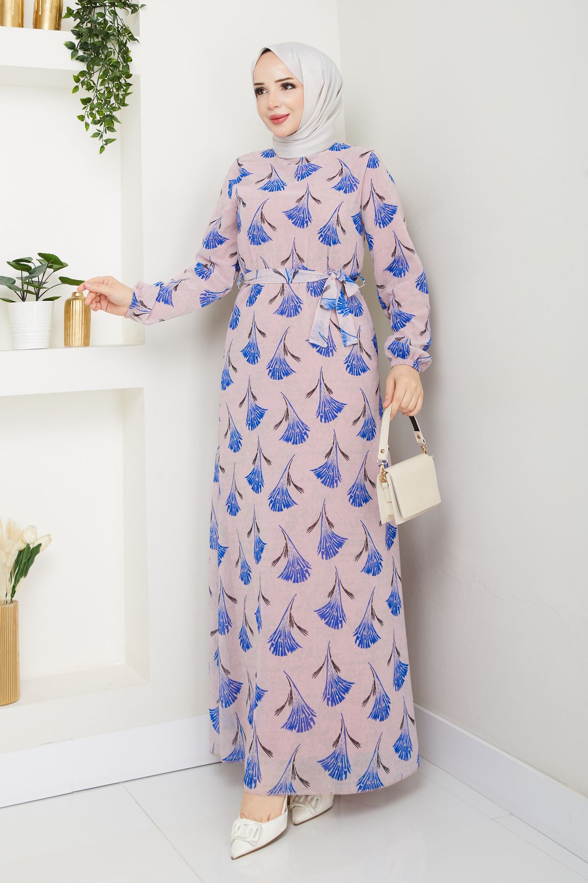 Sakara Collection tesettür elbise kuşaklı mevsimlik kadın astarlı şifon boydan kol lastikli desenli