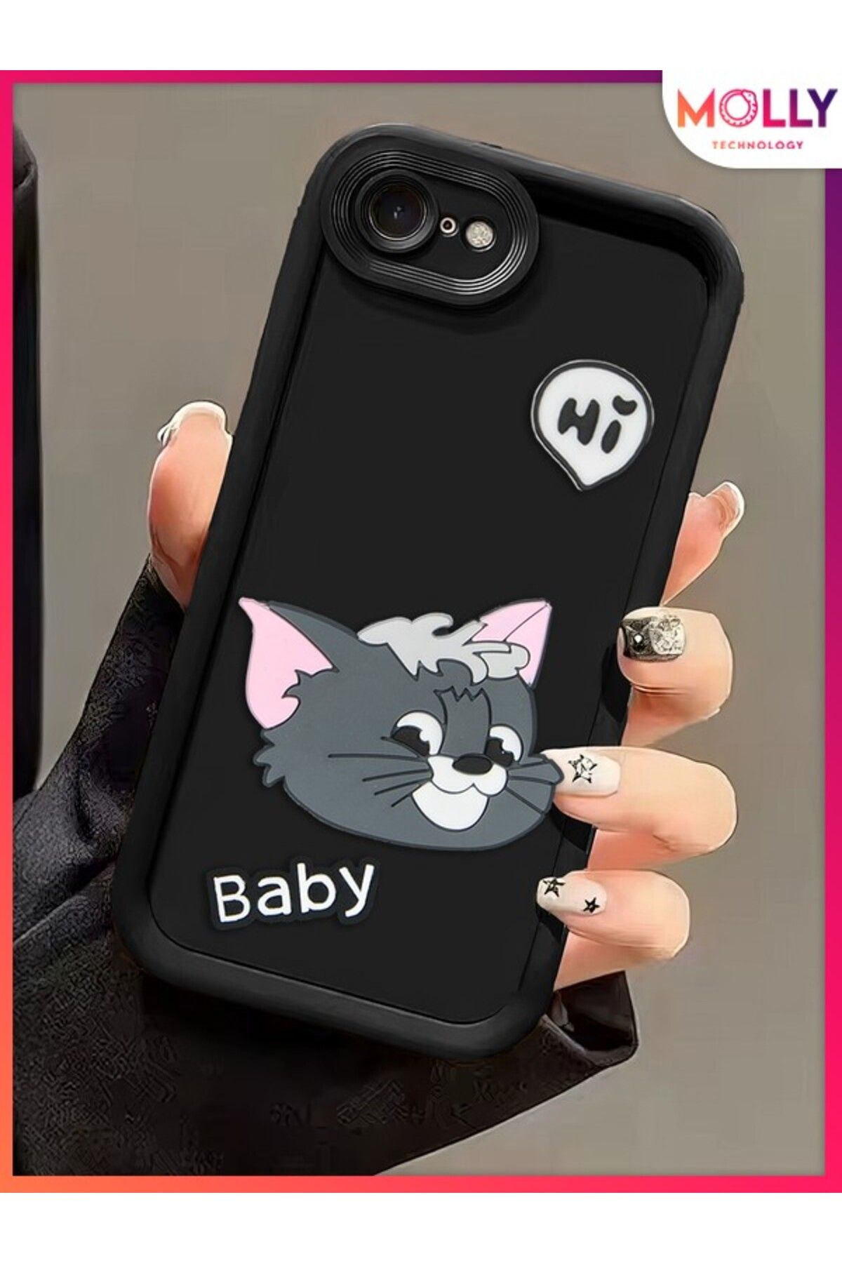 Molly iPhone 7 İçin Siyah Kenarları Kalın 3d Kabartmalı Baby Tom Silikon Kılıf