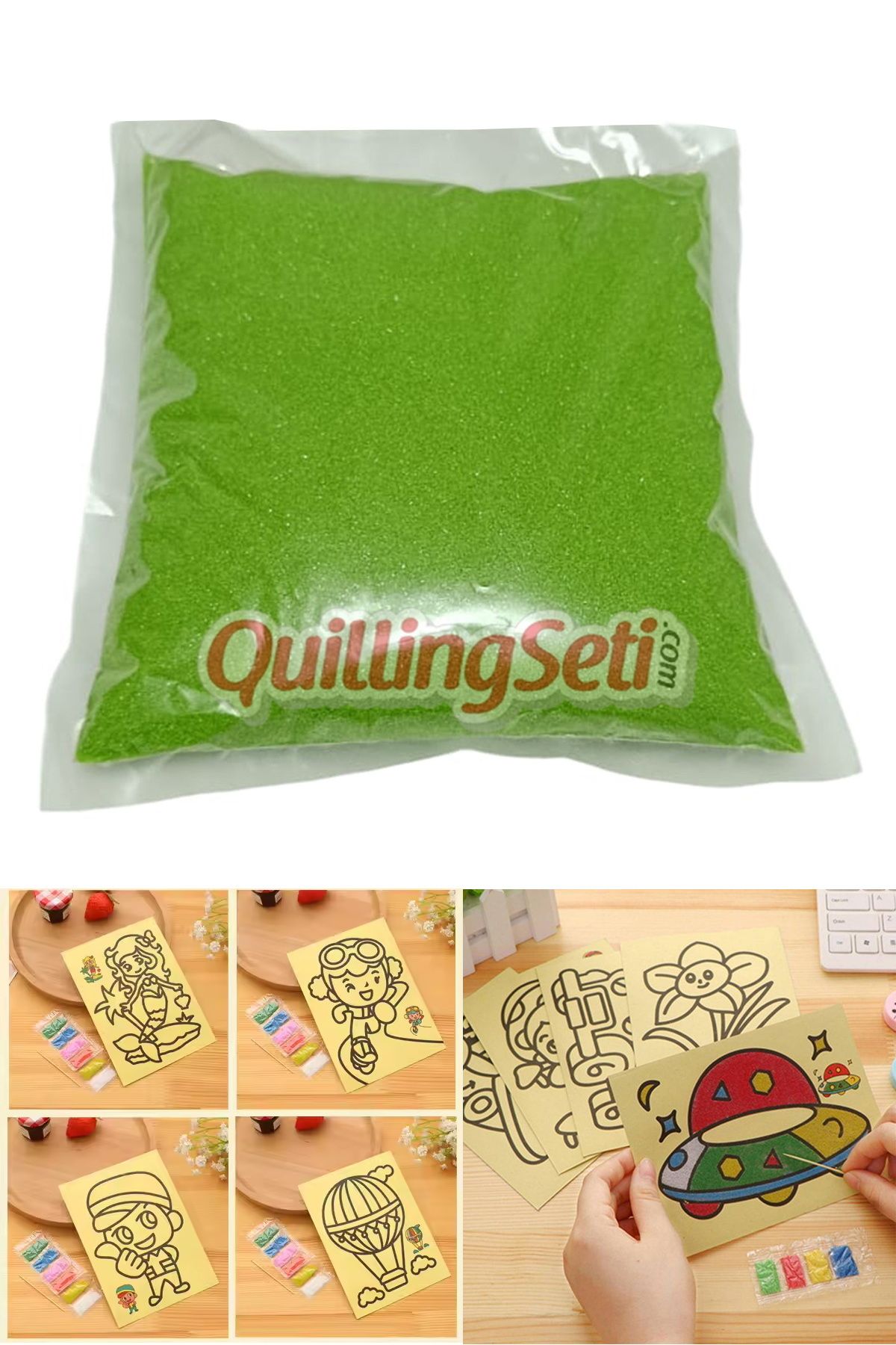 quilling Yeşil Renk Kum Boyama Kumu, Seti Aktivite Kumu, Oyun Kumu, Dekoratif Renkli Kum 500gr