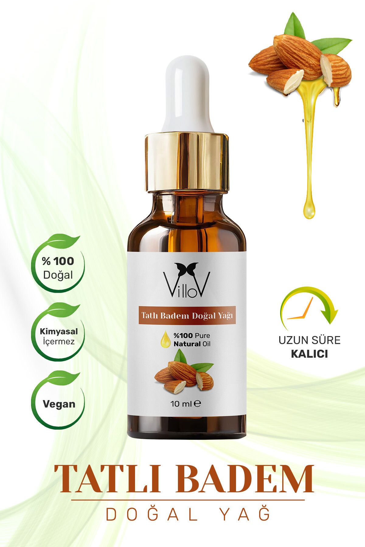 Villov Tatlı Badem Uçucu Yağı Soğuk Sıkım %100 Saf ve Doğal Bitkisel Sweet Almond Essential Oil 10ml