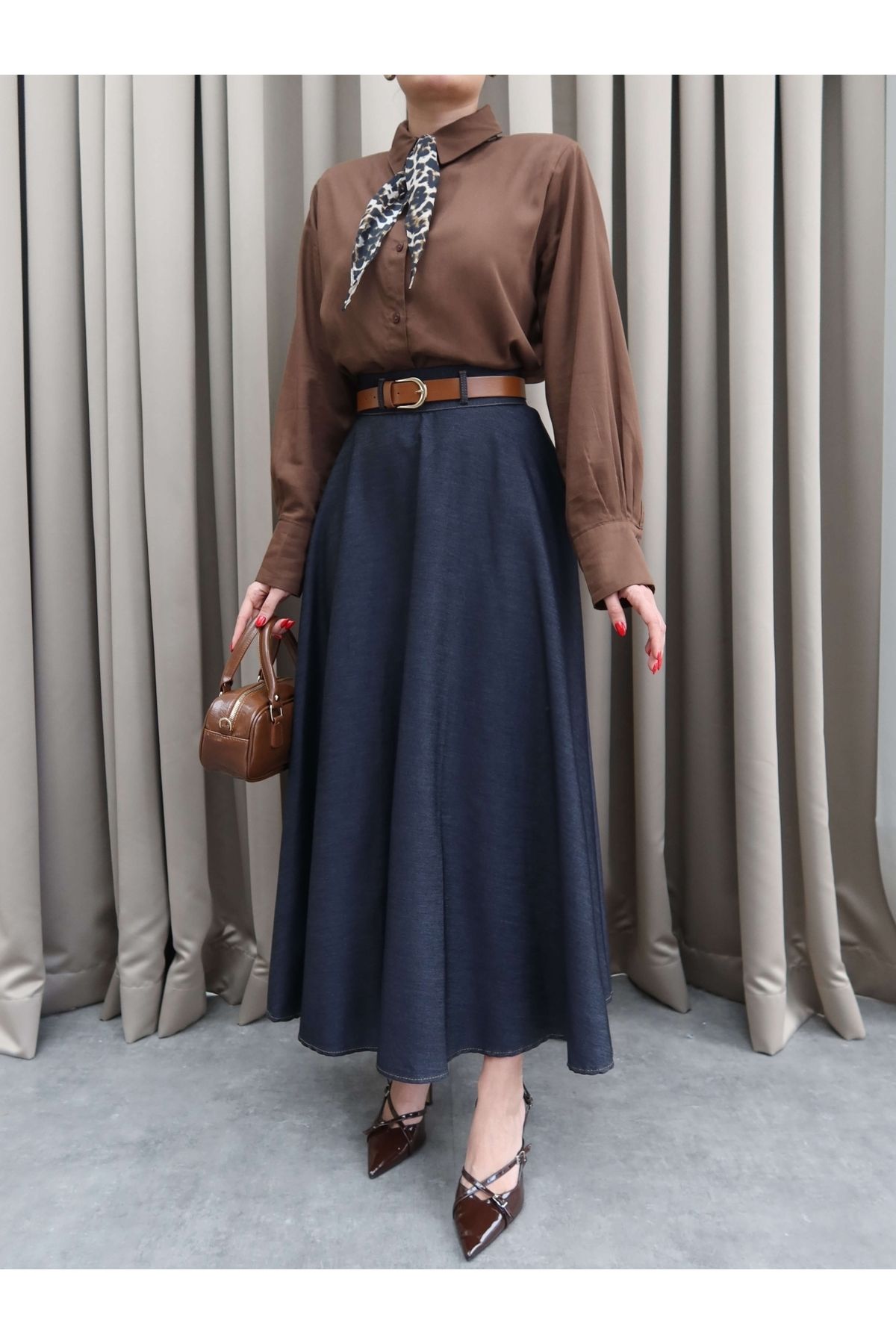 Lady Pixie Gold Toka Kemerli Kot Midi Etek