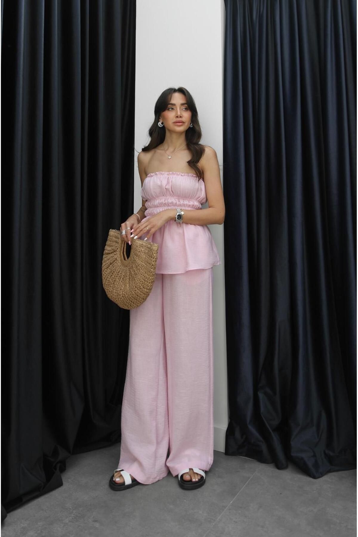 Havoş Pembe Rage Straplez Bluz Pantolon Takım