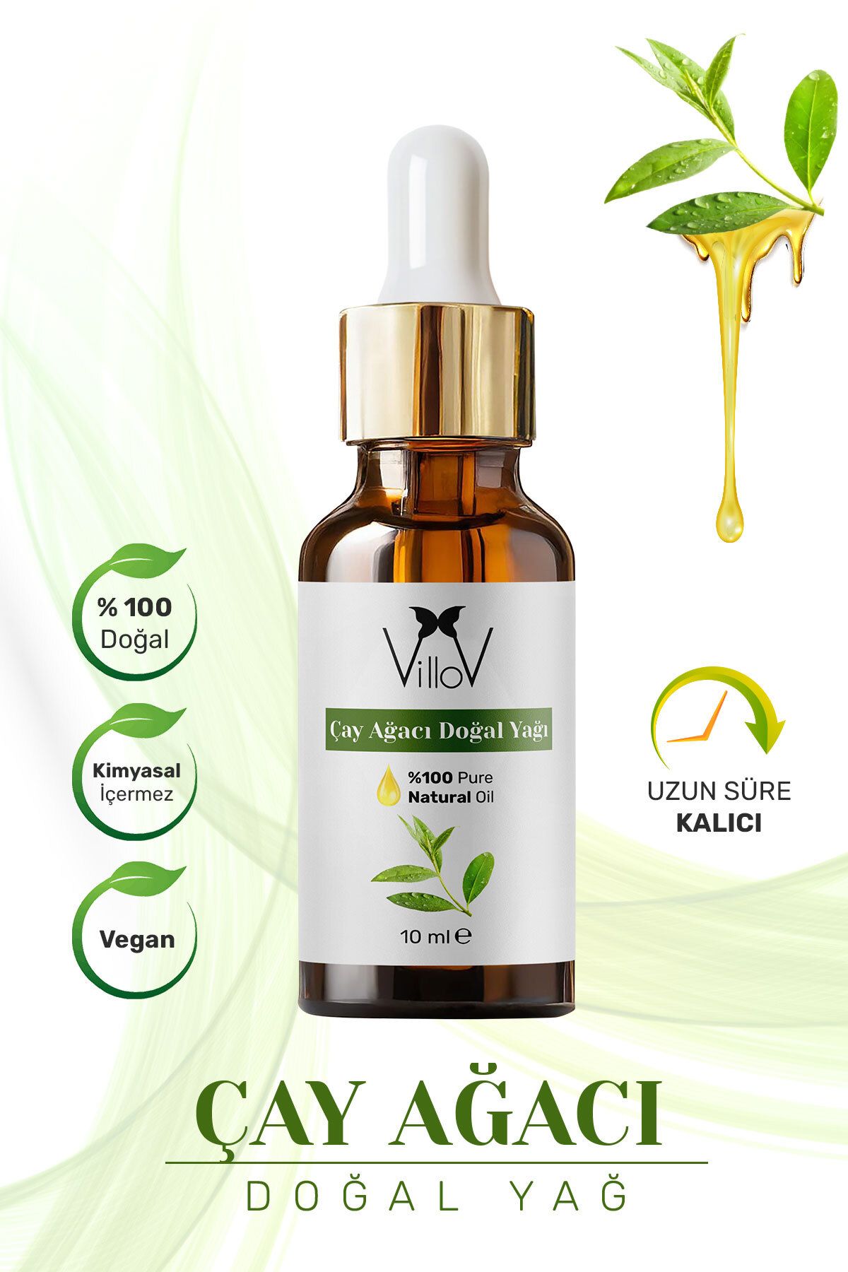 Villov Çay Ağacı Uçucu Yağı Soğuk Sıkım %100 Saf ve Doğal Bitkisel Tea Tree Essential Oil 10ml