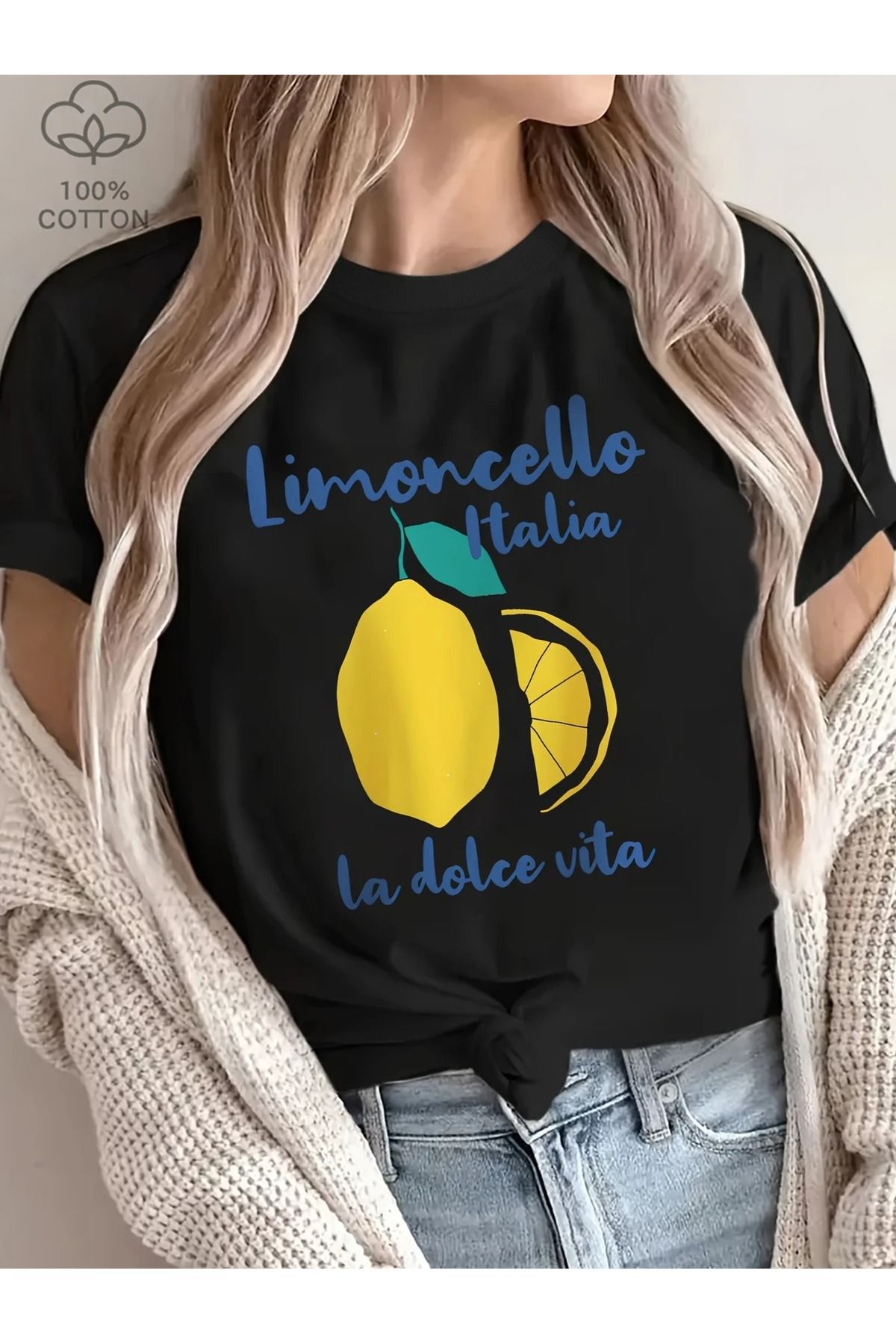 PALPİTO Kadın Siyah Limoncello İtalia Baskılı Oversize T-Shirt