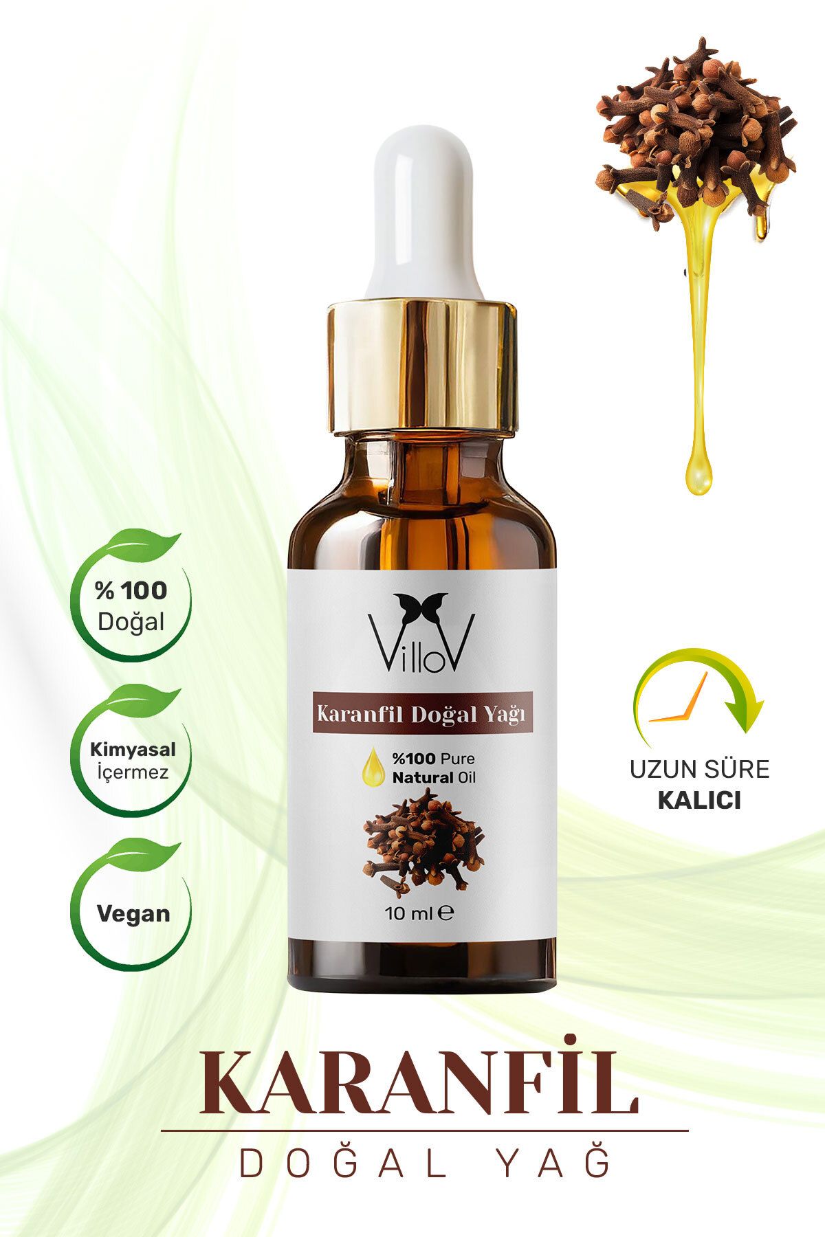 Villov Karanfil Uçucu Yağı Soğuk Sıkım %100 Saf ve Doğal Bitkisel Clove Essential Oil 10ml