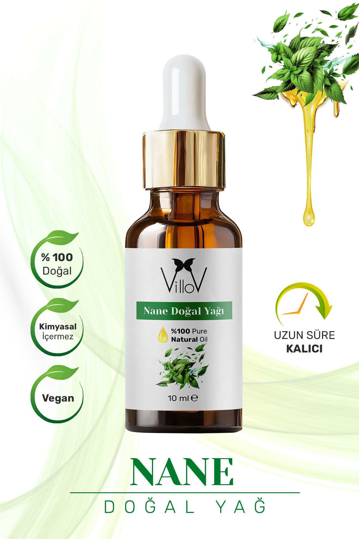 Villov Nane Uçucu Yağı Soğuk Sıkım %100 Saf ve Doğal Bitkisel Mint Essential Oil 10ml