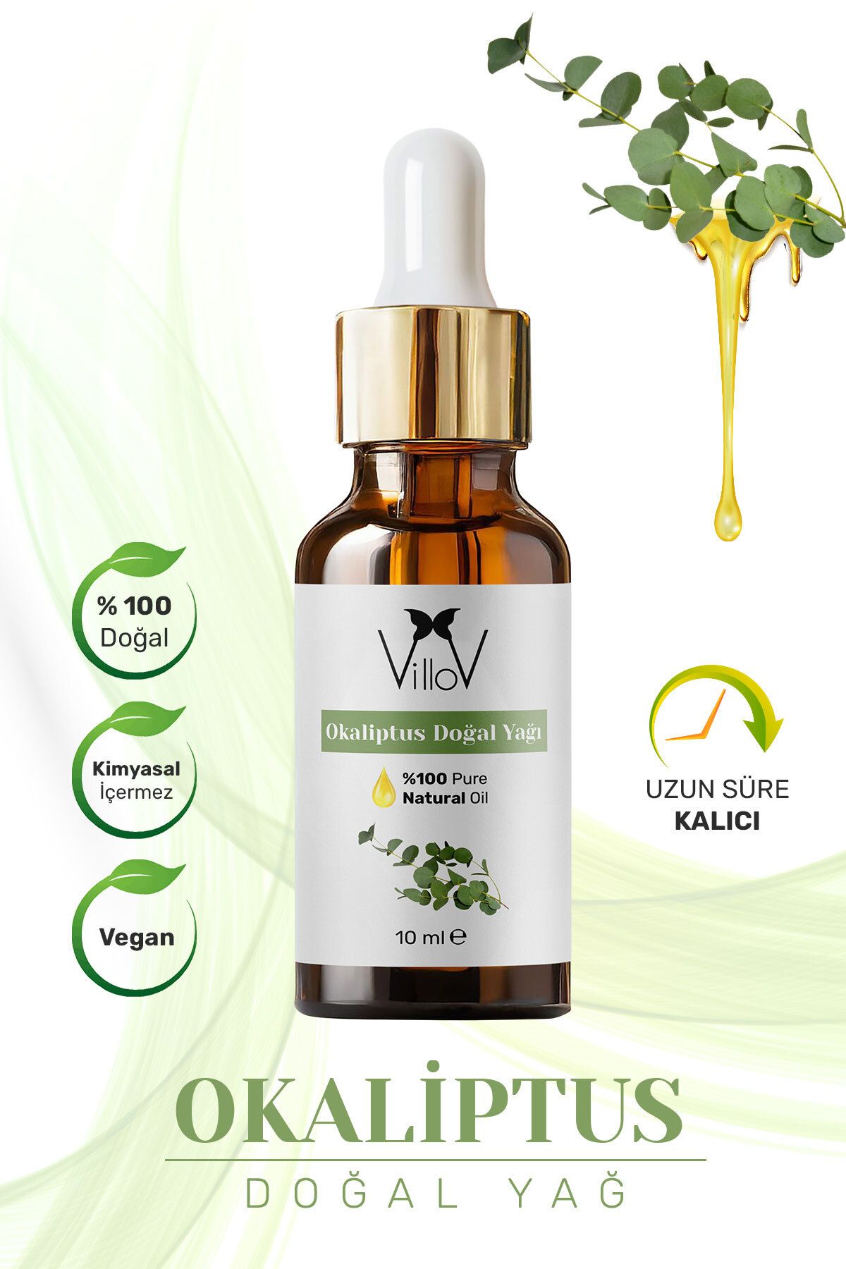 Villov Okaliptüs Uçucu Yağı Soğuk Sıkım %100 Saf ve Doğal Bitkisel Eucalyptus Essential Oil 10ml
