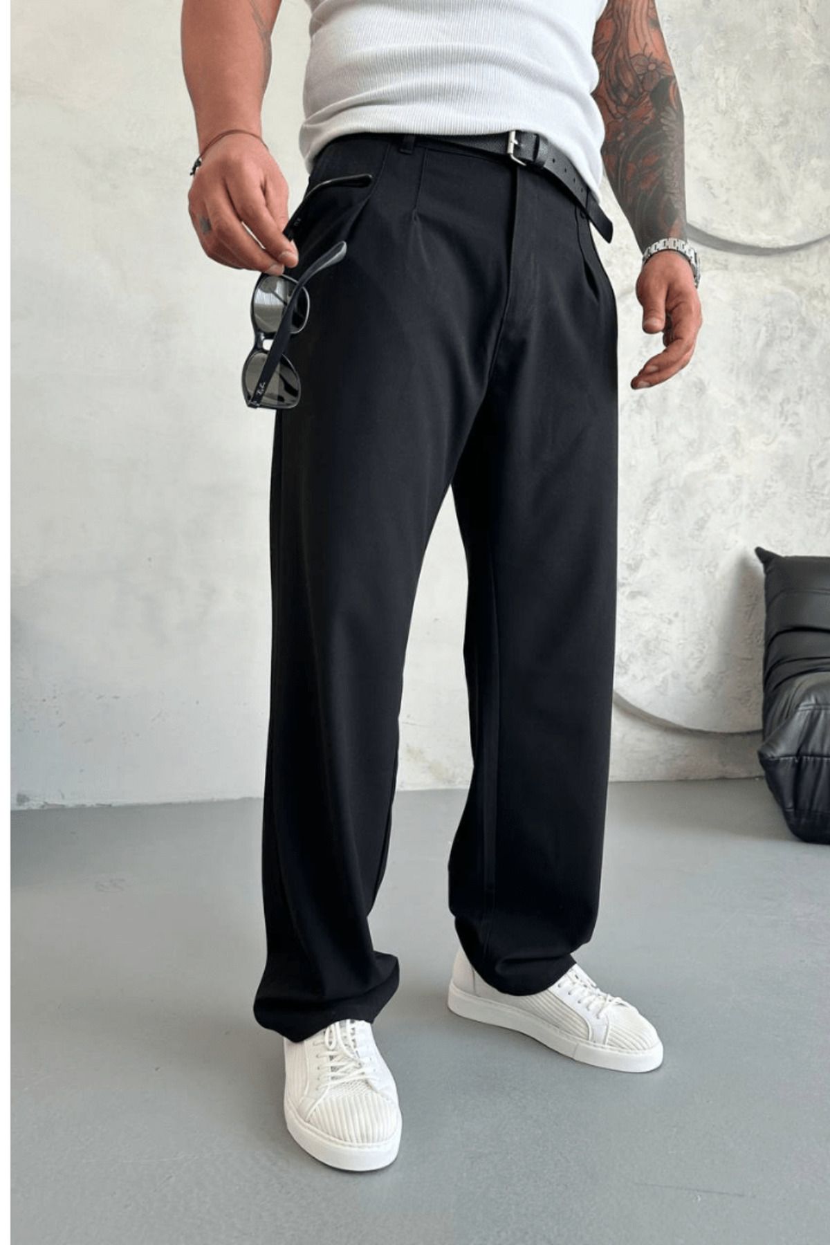 MAGICALFASHION Erkek Siyah Baggy Kumaş Yazlık Rahat Pantolon