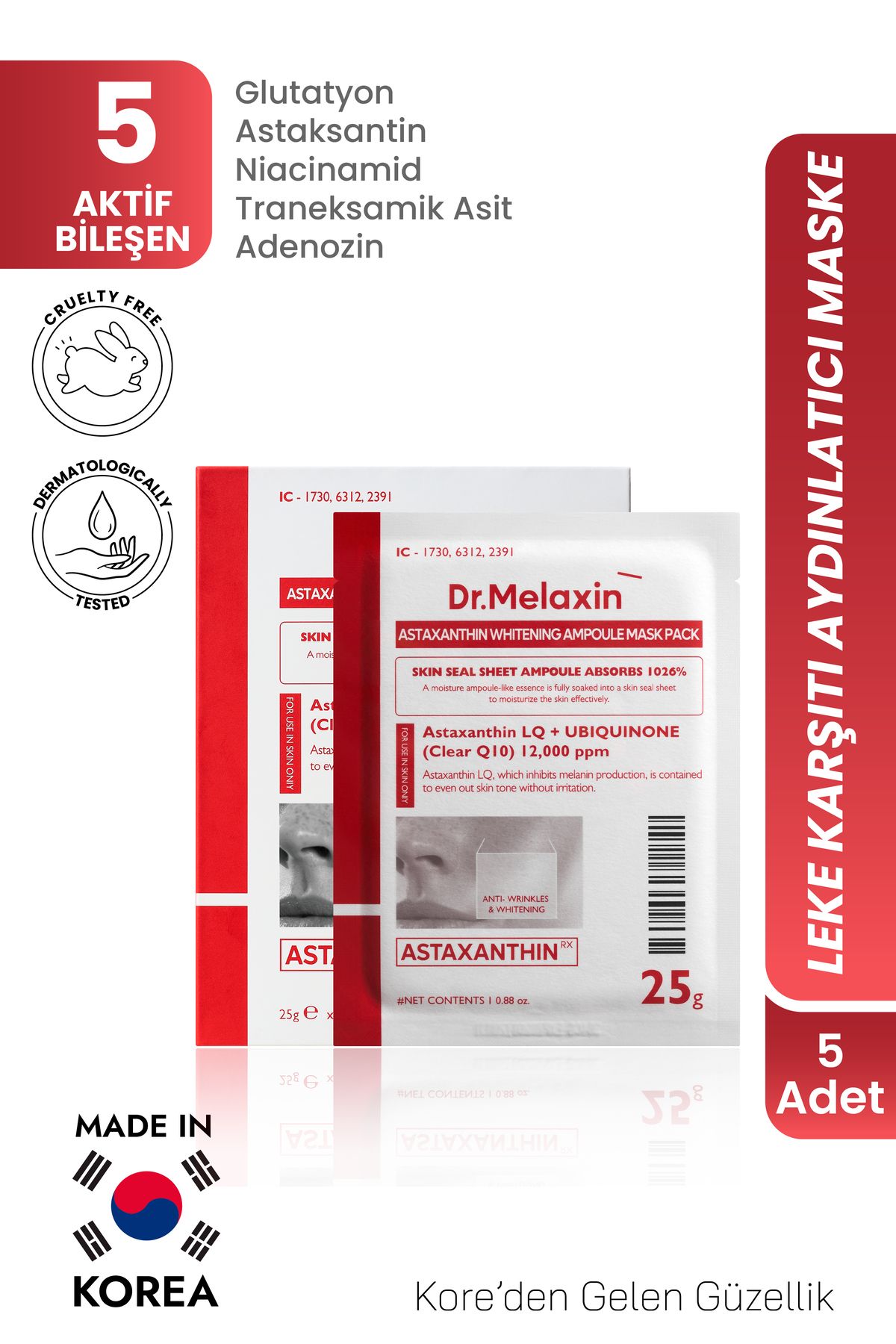 Dr.Melaxin Leke Karşıtı ve Aydınlatıcı Yüz Maskesi – Astaksantin + Koenzim Q10 İçerikli 5’li Set