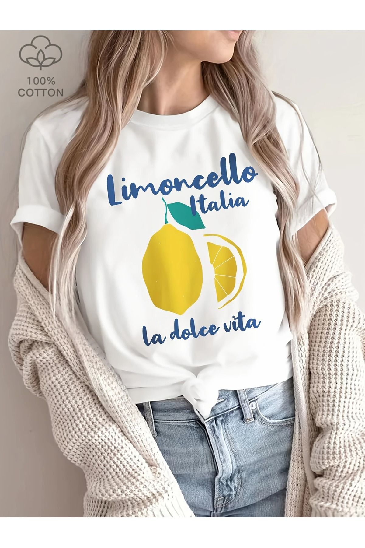 PALPİTO Kadın Beyaz Limoncello İtalia Baskılı Oversize T-Shirt