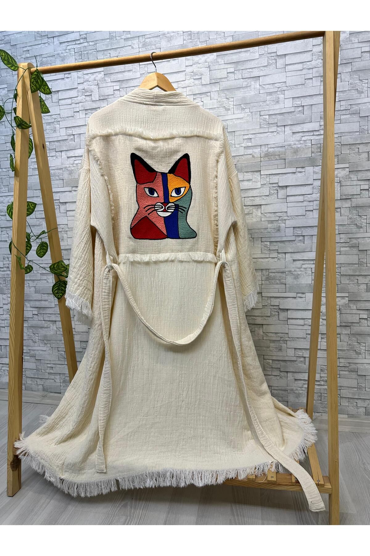 Befera Design Müslin Kimono El Yapımı Nakış Işlemeli %100 Pamuklu Kedi Desenli Bornoz Kaftan Sabahlık