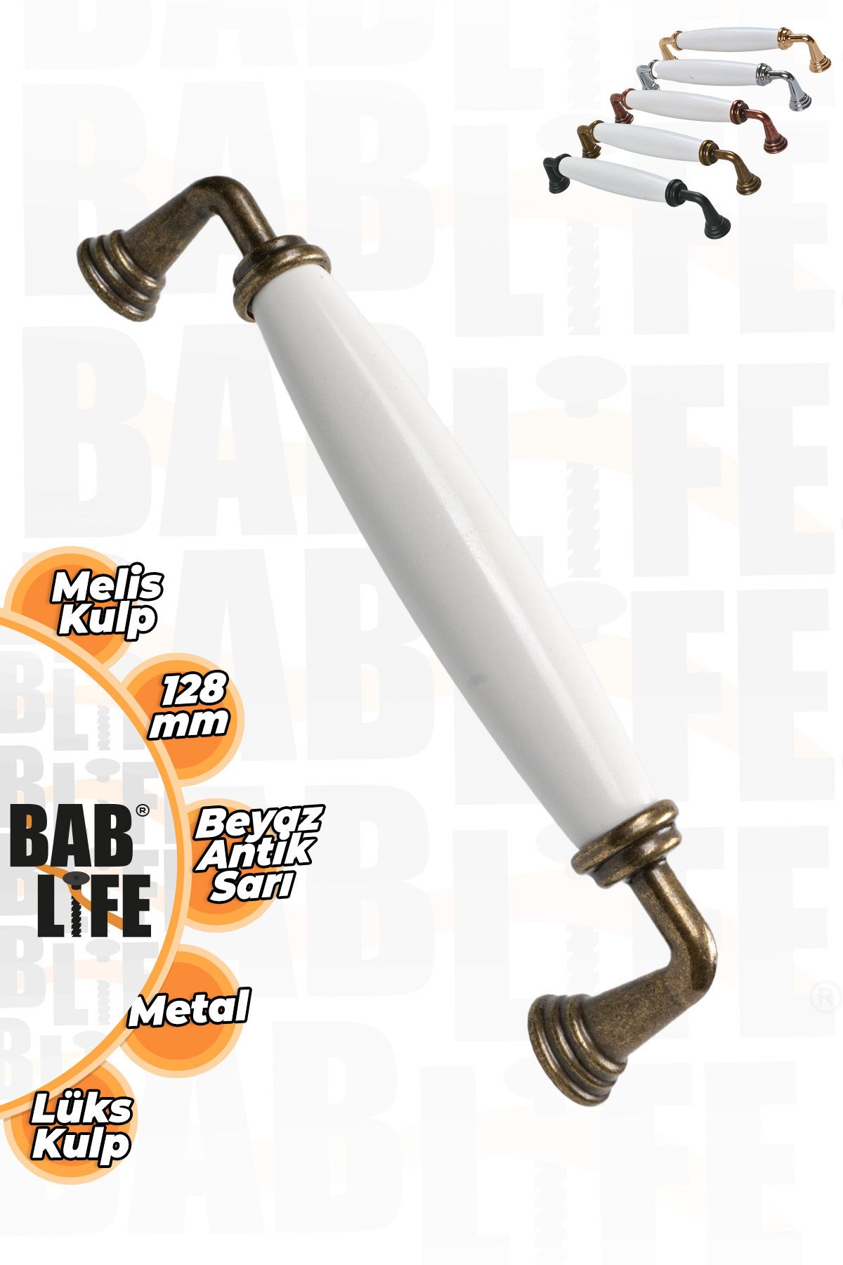 bablife Melis 128mm Porselen Görünümlü Düz Beyaz Antik Sarı Lüks Modern Çekmece Dolap Mobilya Kulpları
