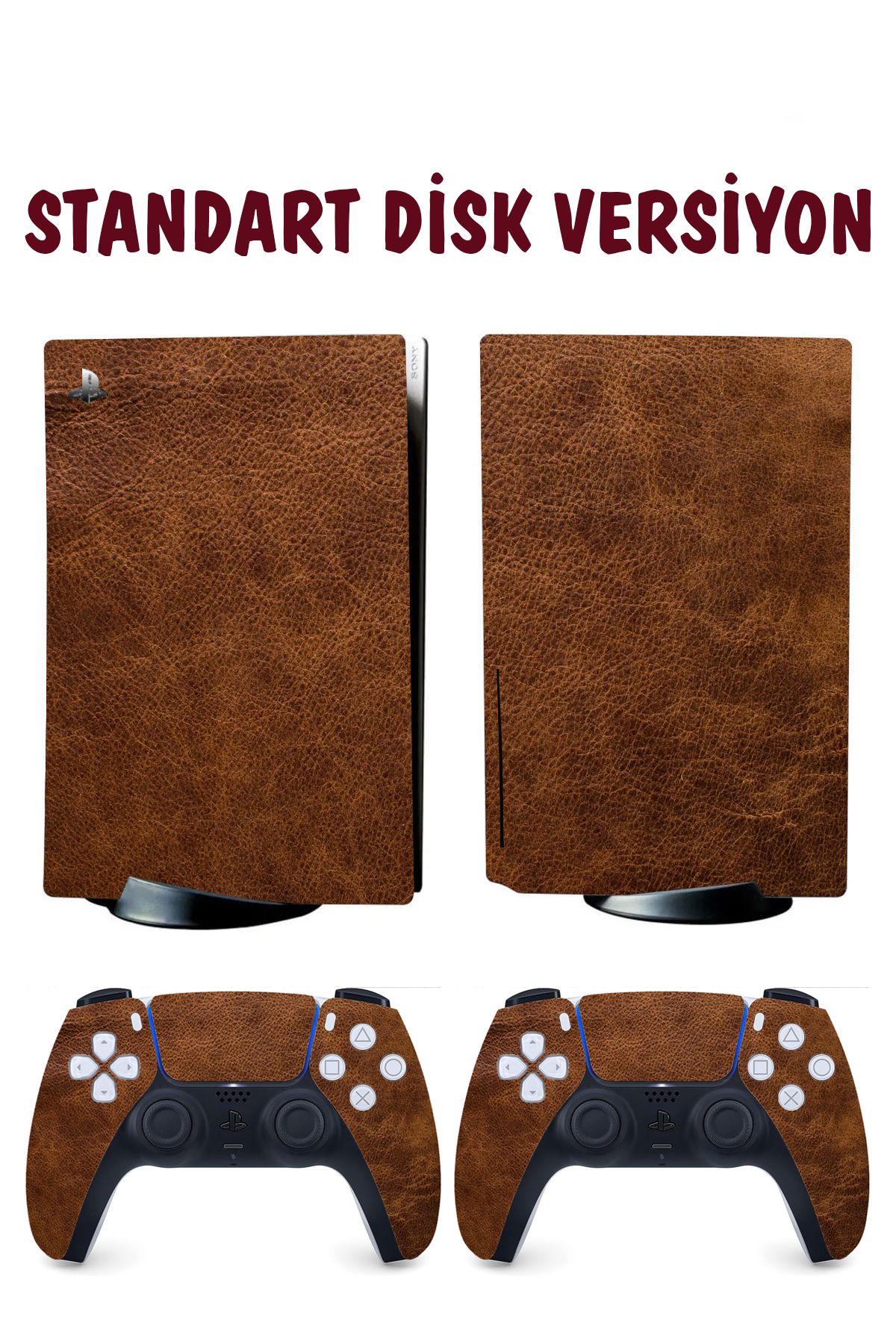 KT Decor Kahverengi Deri Deseni Playstation 5 Full Sticker Kaplama Seti