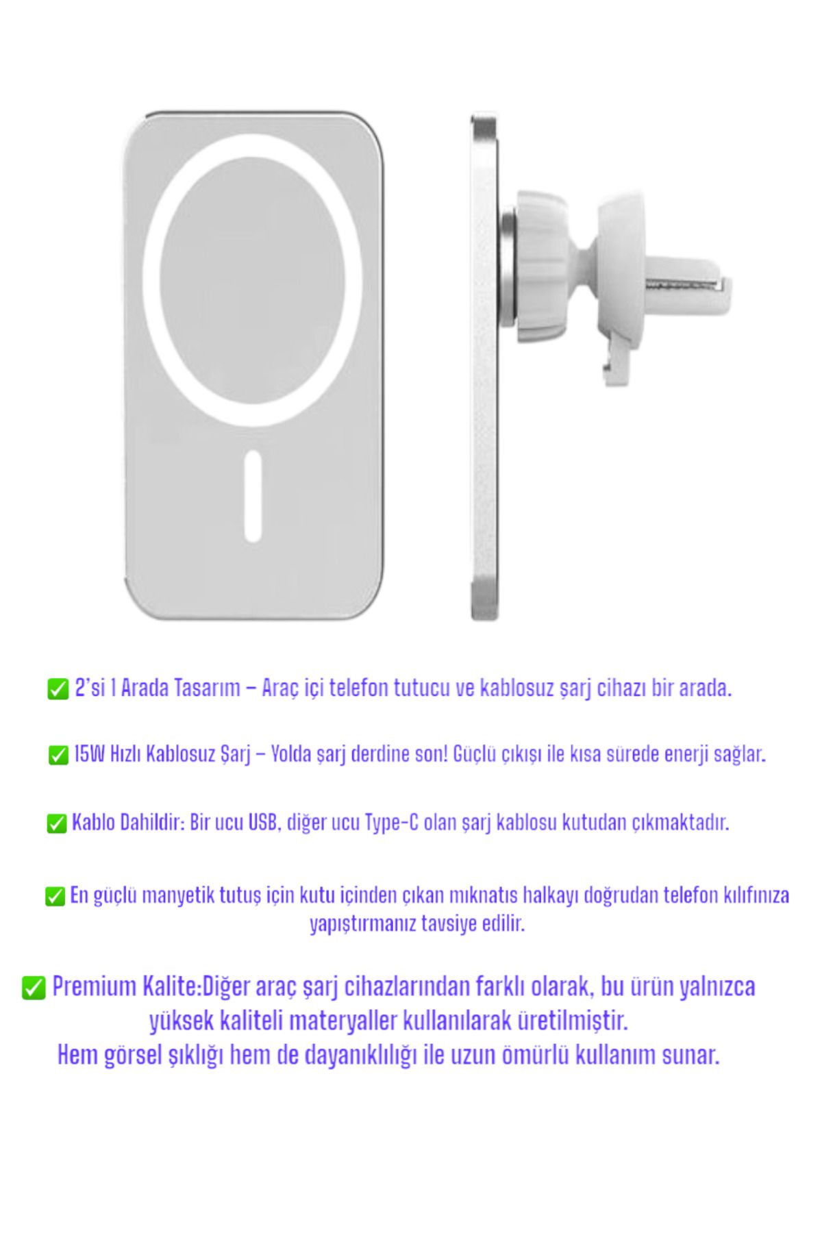 Kılıforyum İphone Kablosuz Araç Şarj Cihazı 15w Magsafe Uyumlu Manyetik – 2'si 1 Arada Telefon Tutucu