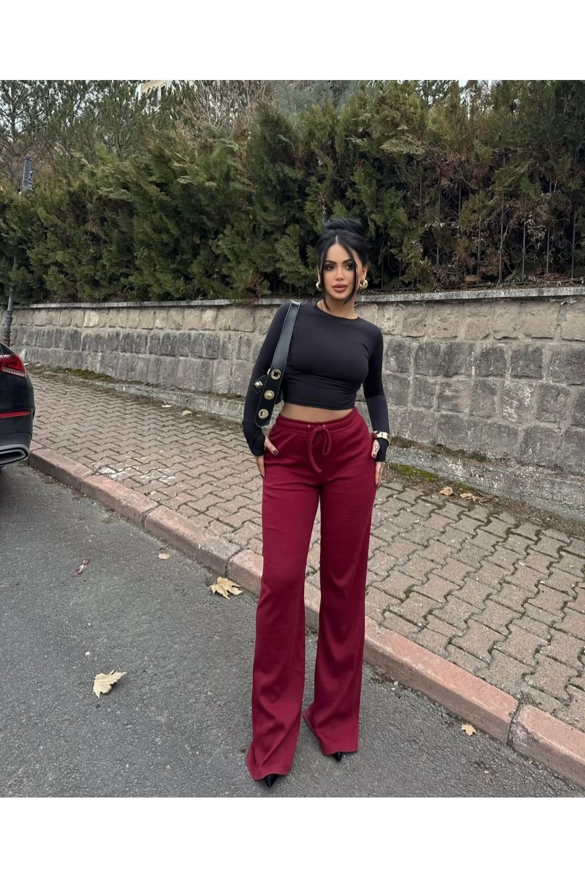 Leoris Kadın Bağıcıklı Kaşkorse Kumaş Geniş Paça Palazzo Pantolon