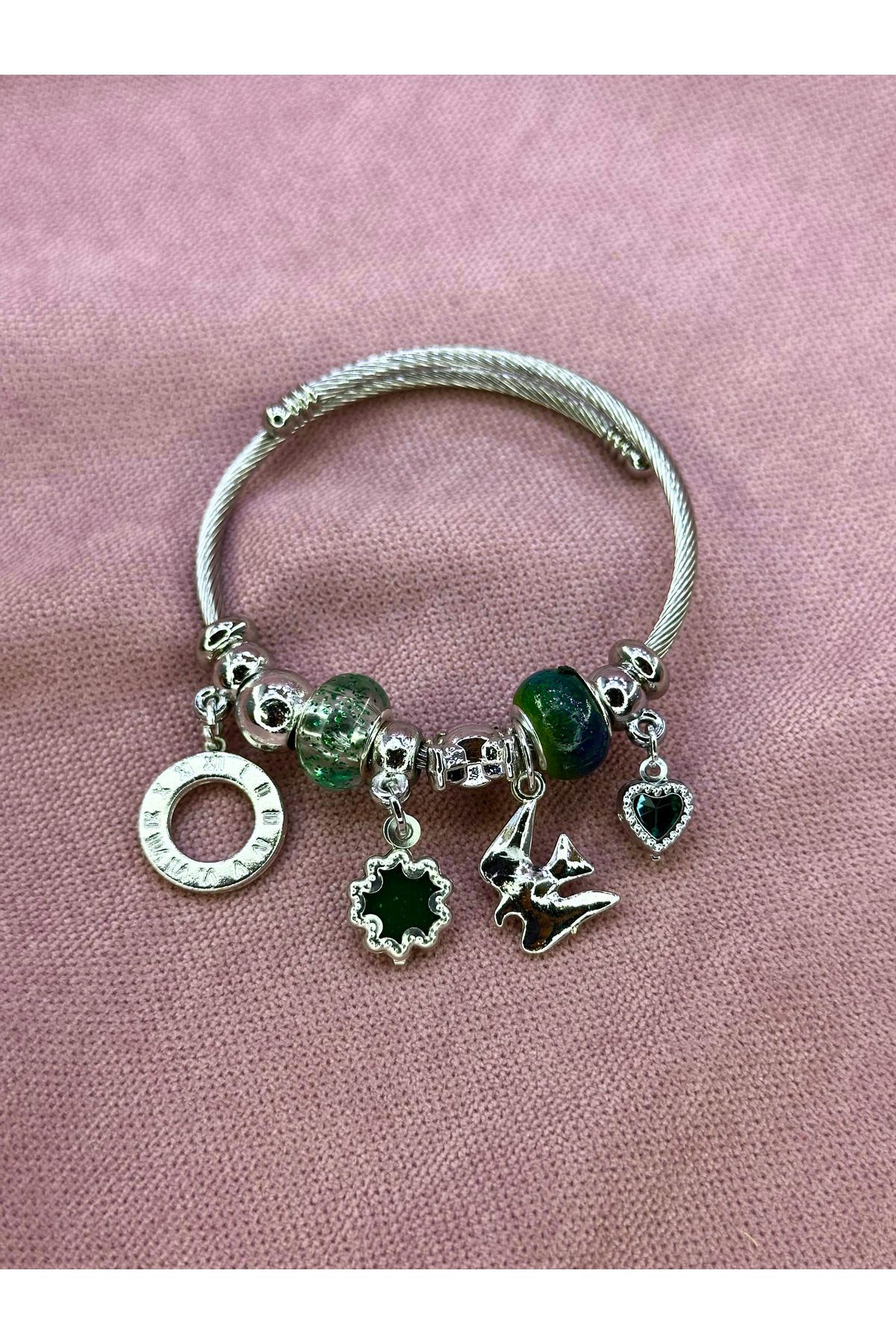 AYZENA Kuş Kalp Charm Detaylı Çelik Bileklik