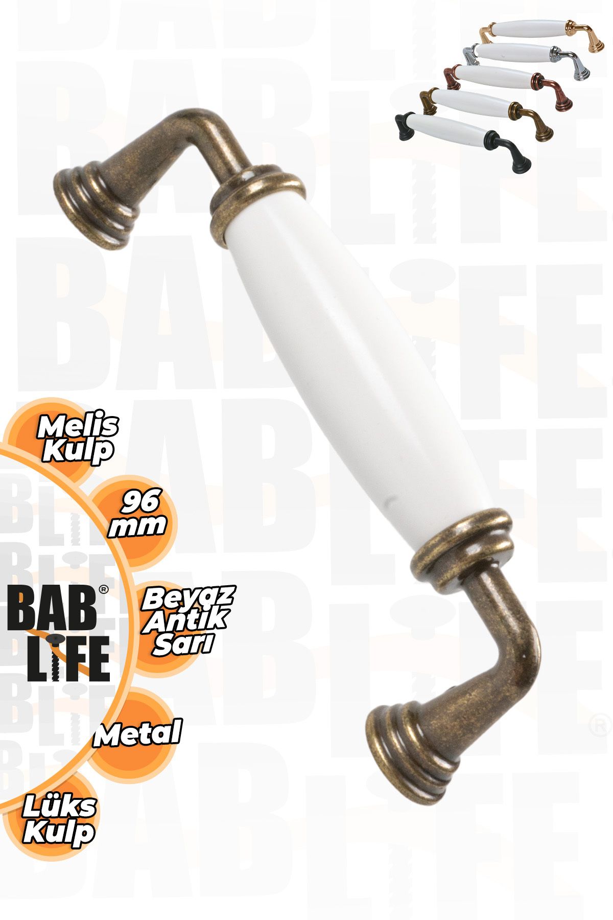 bablife Melis 96mm Porselen Görünümlü Düz Beyaz-Antik Sarı Lüks Modern Çekmece Dolap Mobilya Kulpları