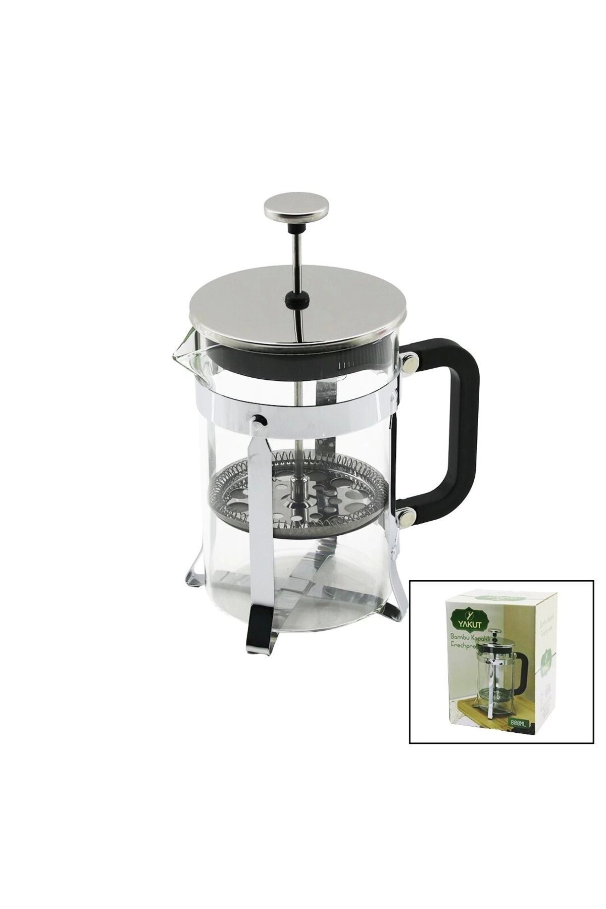Lenaca Frechpress 800ml Cam Bitki Süzgeçi Metal Kafes - Plastik Saplı Metal Kaplamalı Pls.kapak