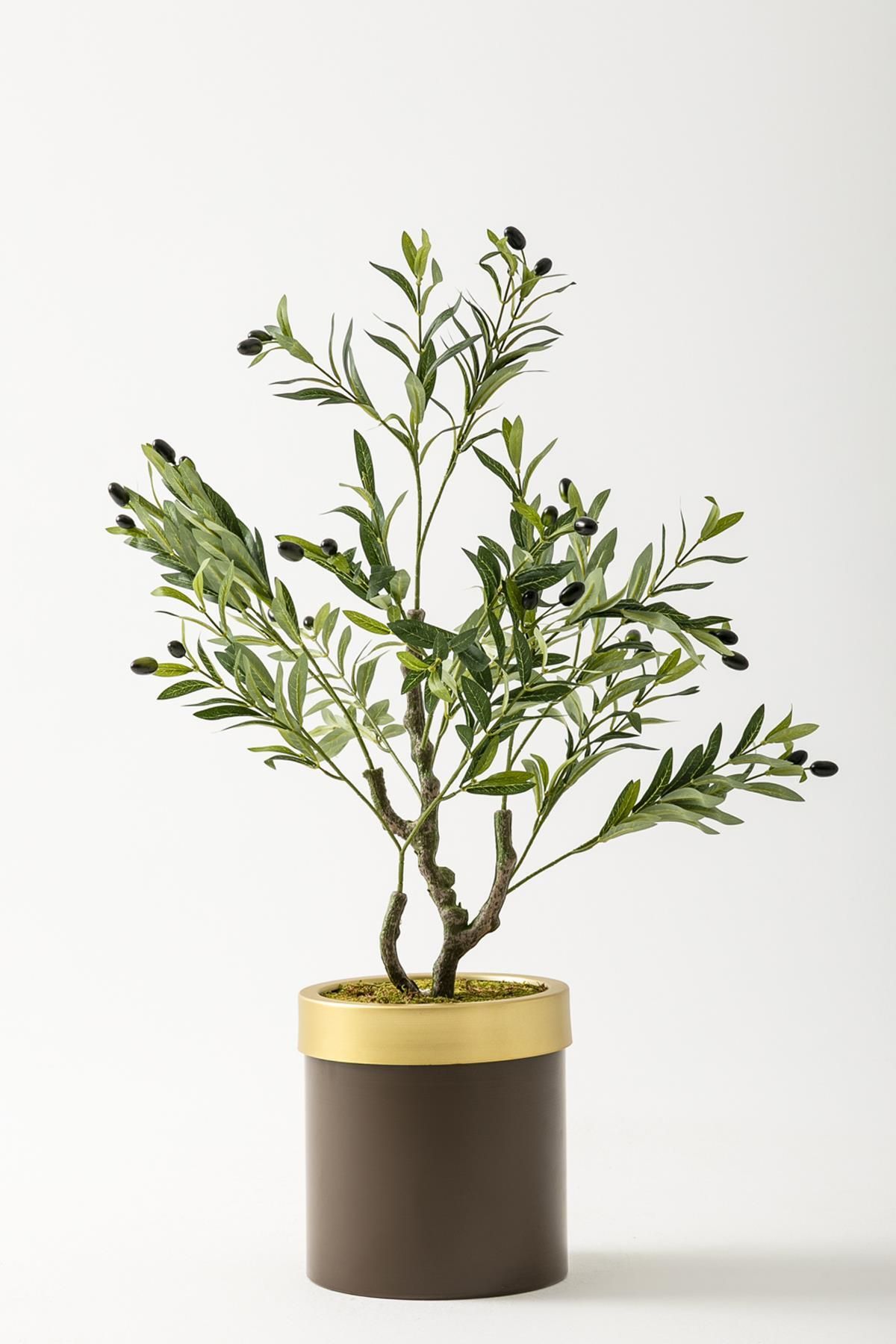 Güleç Yapay Çiçek Yapay Zeytin Ağacı 85 Cm Kahverengi Gold Metal Saksı
