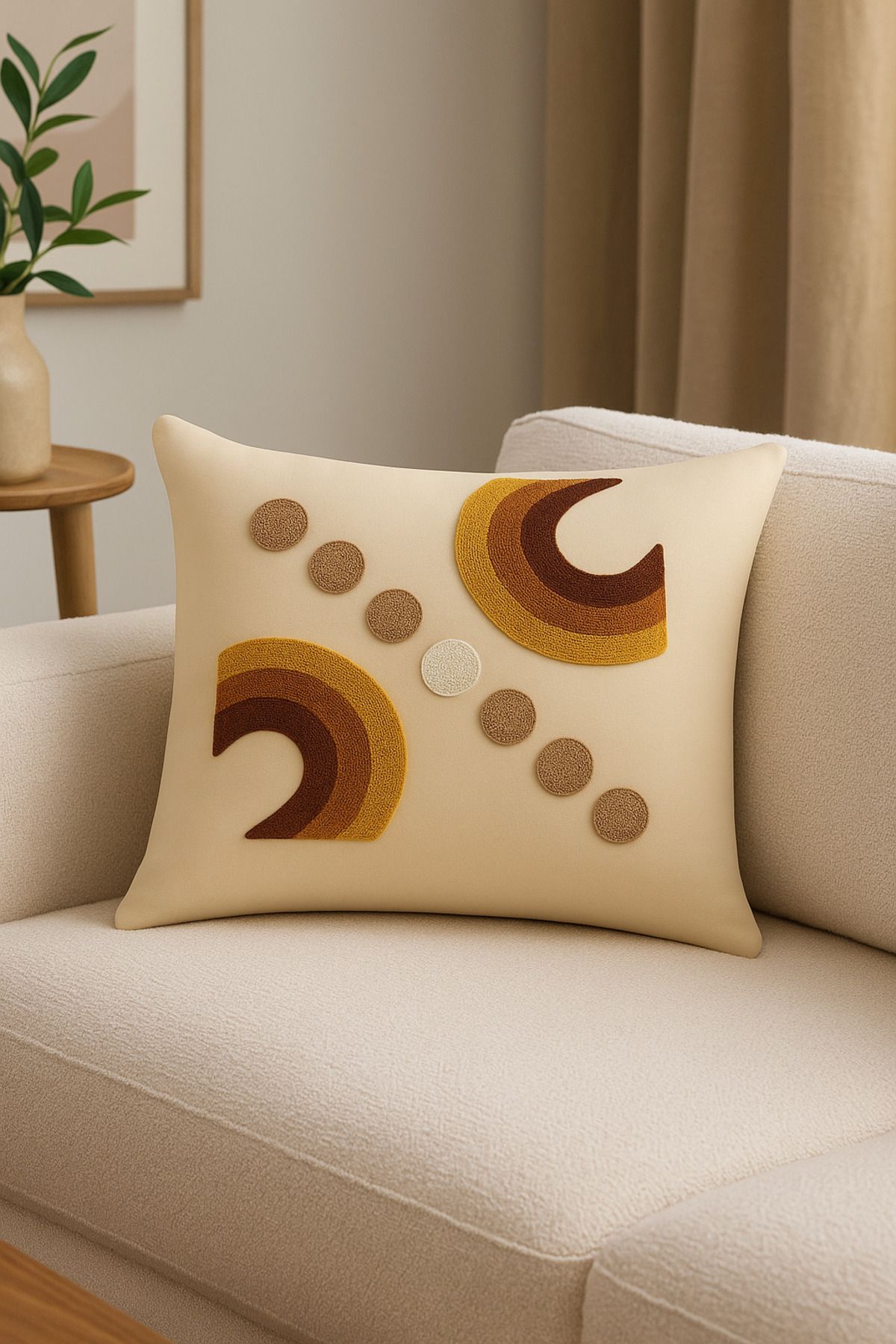 Salvia Dione 43x43 cm Geometrik Desenli Dekoratif Kırlent Kılıfı - Modern Bohem Yastık Kılıfı - Krem Renk