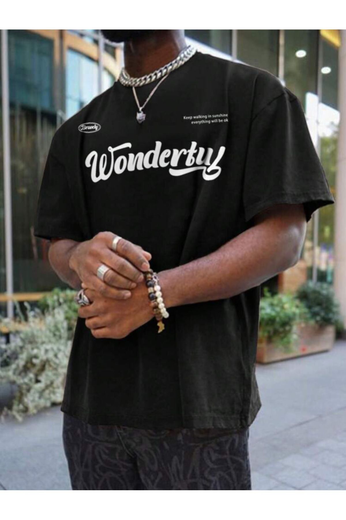 PALPİTO Erkek Siyah Wonderful Baskılı Oversize T-Shirt