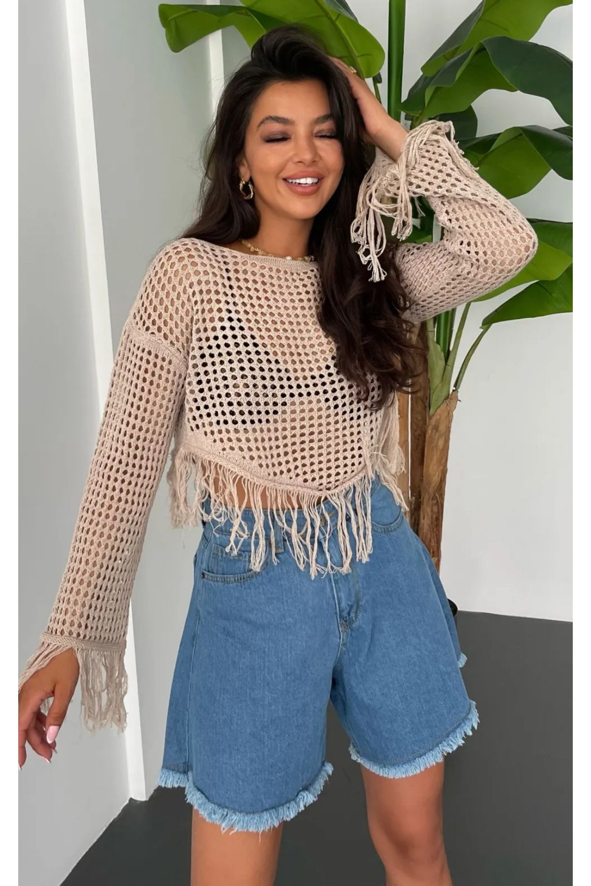Noi Belis Geniş Kalıp/Oversize Püskül Detaylı İnce Yazlık Bluz SS25BZ0025