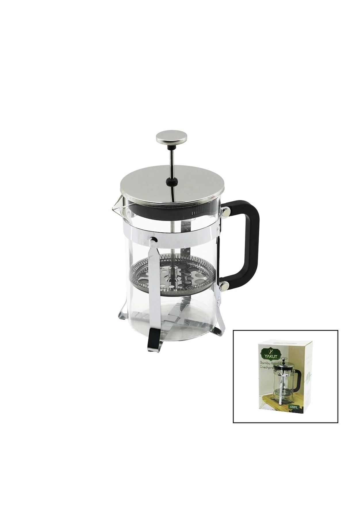 Lenaca Frechpress 600ml Cam Bitki Süzgeçi Metal Kafes - Plastik Saplı Metal Kaplamalı Pls.kapak