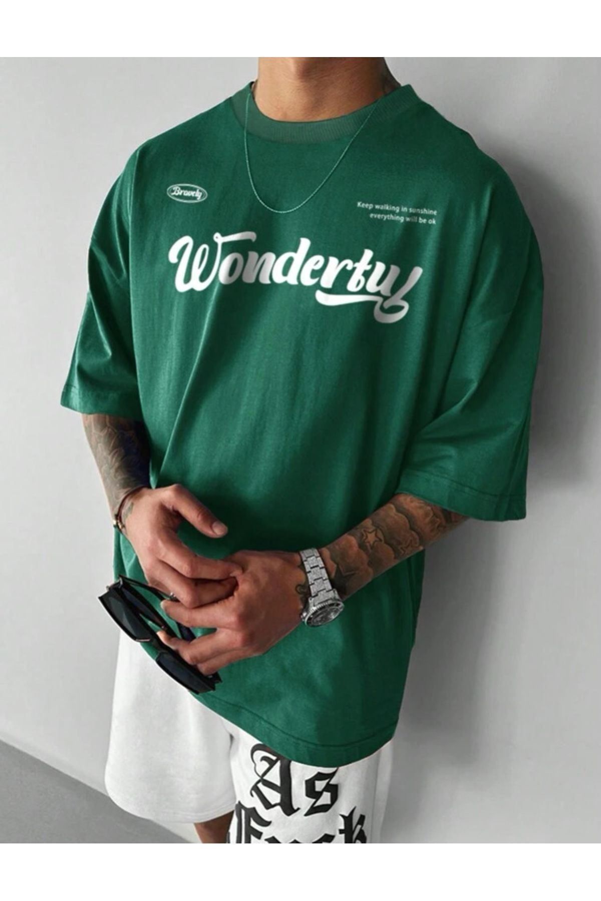 PALPİTO Erkek Nefti Yeşili Wonderful Baskılı Oversize T-Shirt