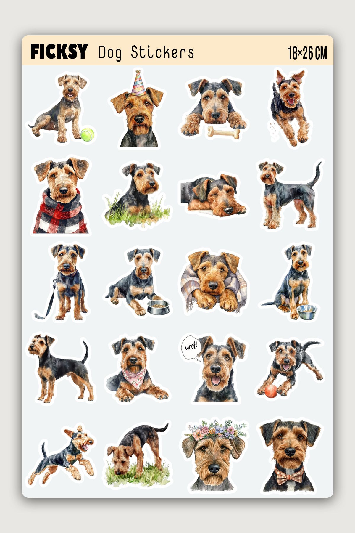 Ficksy Airedale Terrier Köpek Sticker Seti - 50 Adet Etiket Çıkartma