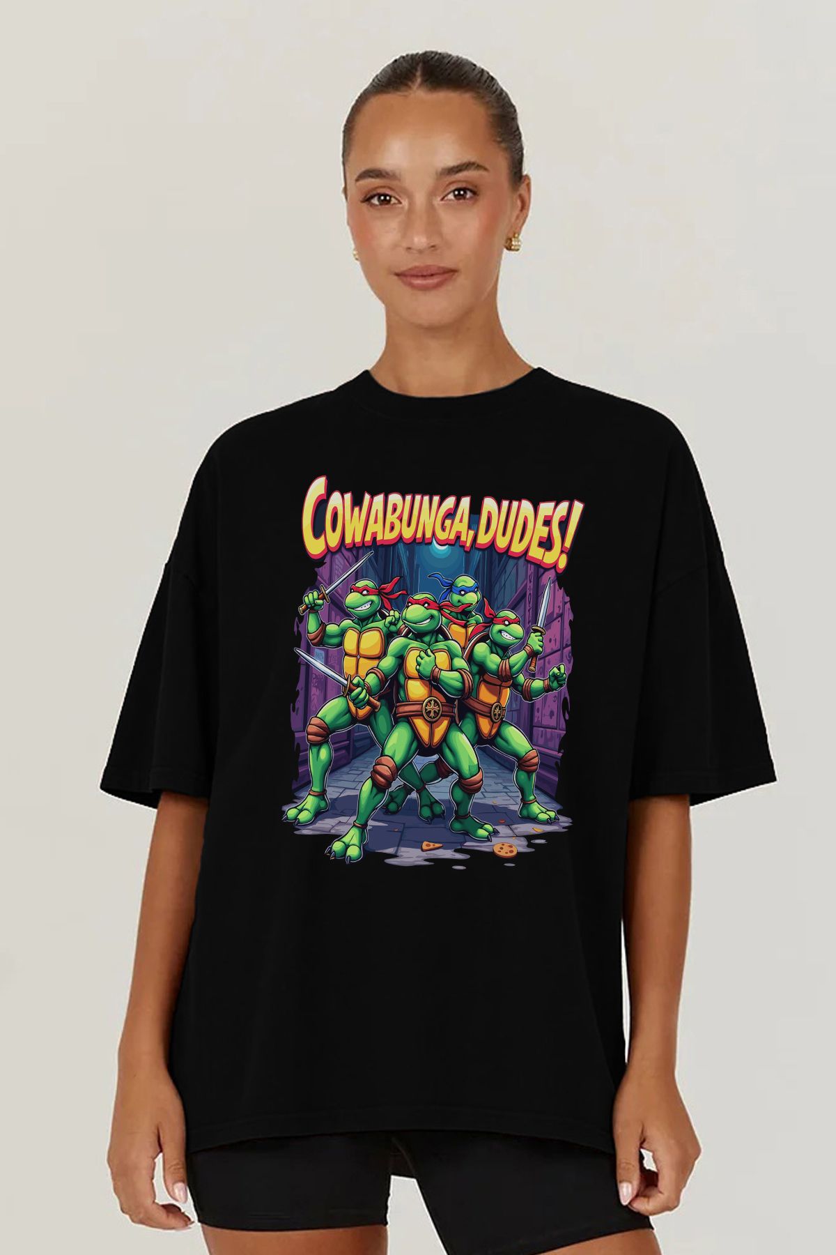 MODA Ninja Kaplumbağalar Ninja Turtles Baskılı Oversize Kalıp Siyah Geniş Bol Kesim Kadın Tişört