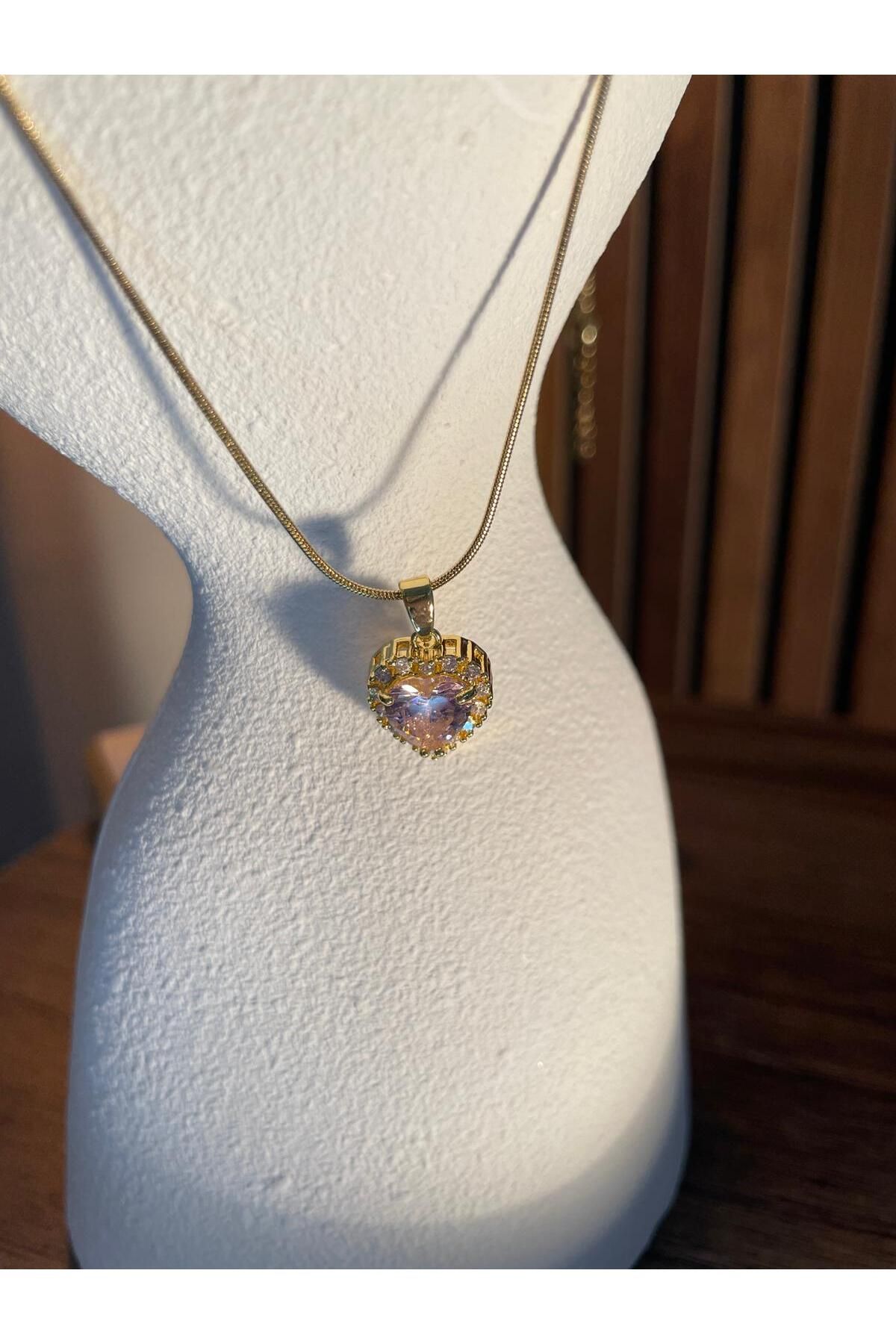 Staınless Pembe Zirkon Taşlı Charm Gold Kolye