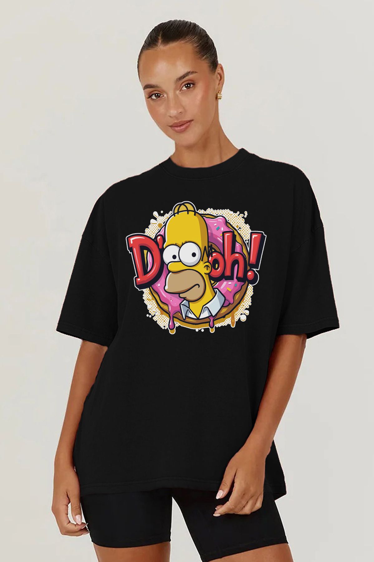 MODA The Simpsons Simpsonlar Donut Baskılı Oversize Kalıp Siyah Geniş Bol Kesim Kadın Tişört