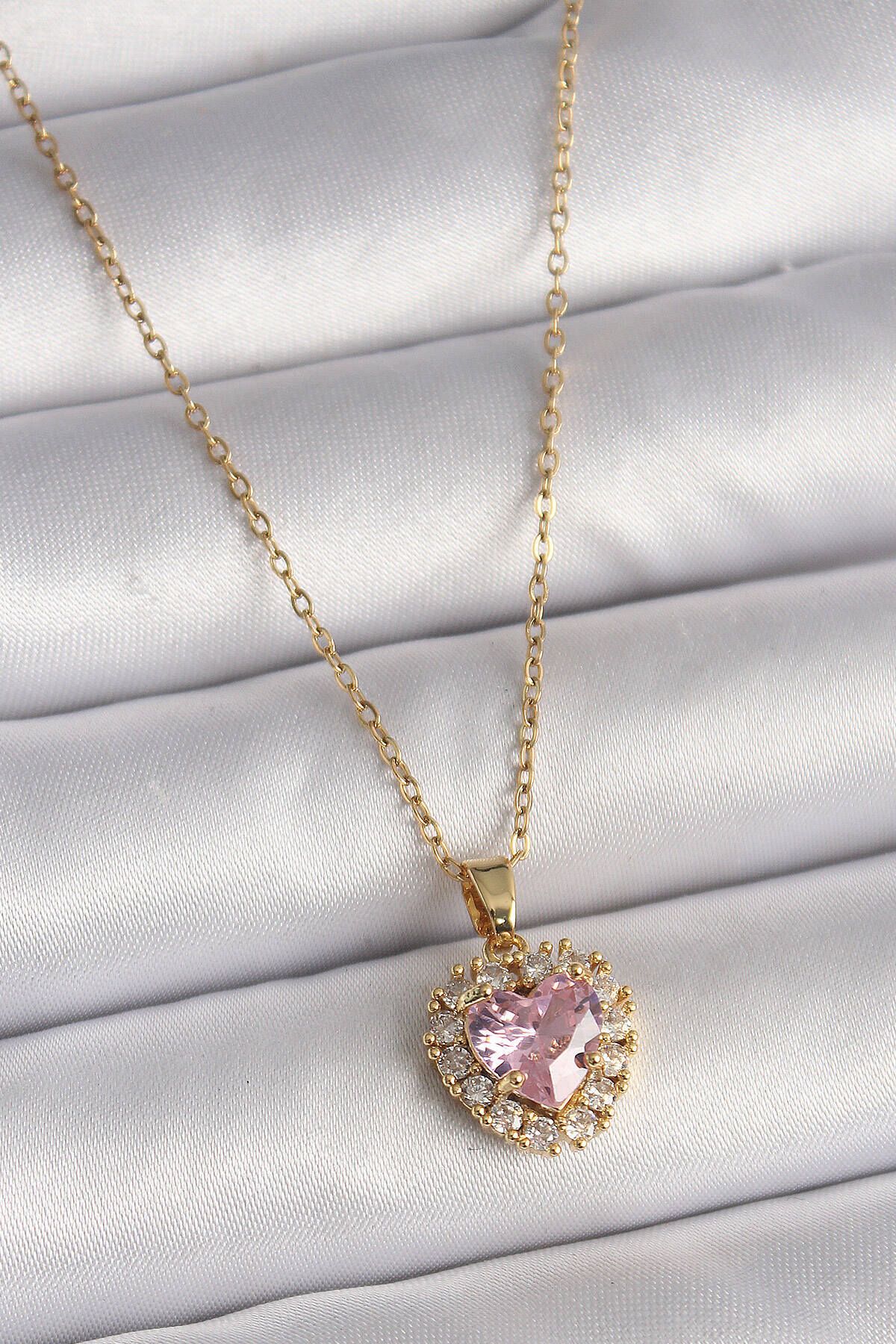 Avantaj Kapıda ® 316L Çelik Gold Renk Zincir Pembe Zirkon Taşlı Kalp Model Kadın Kolye