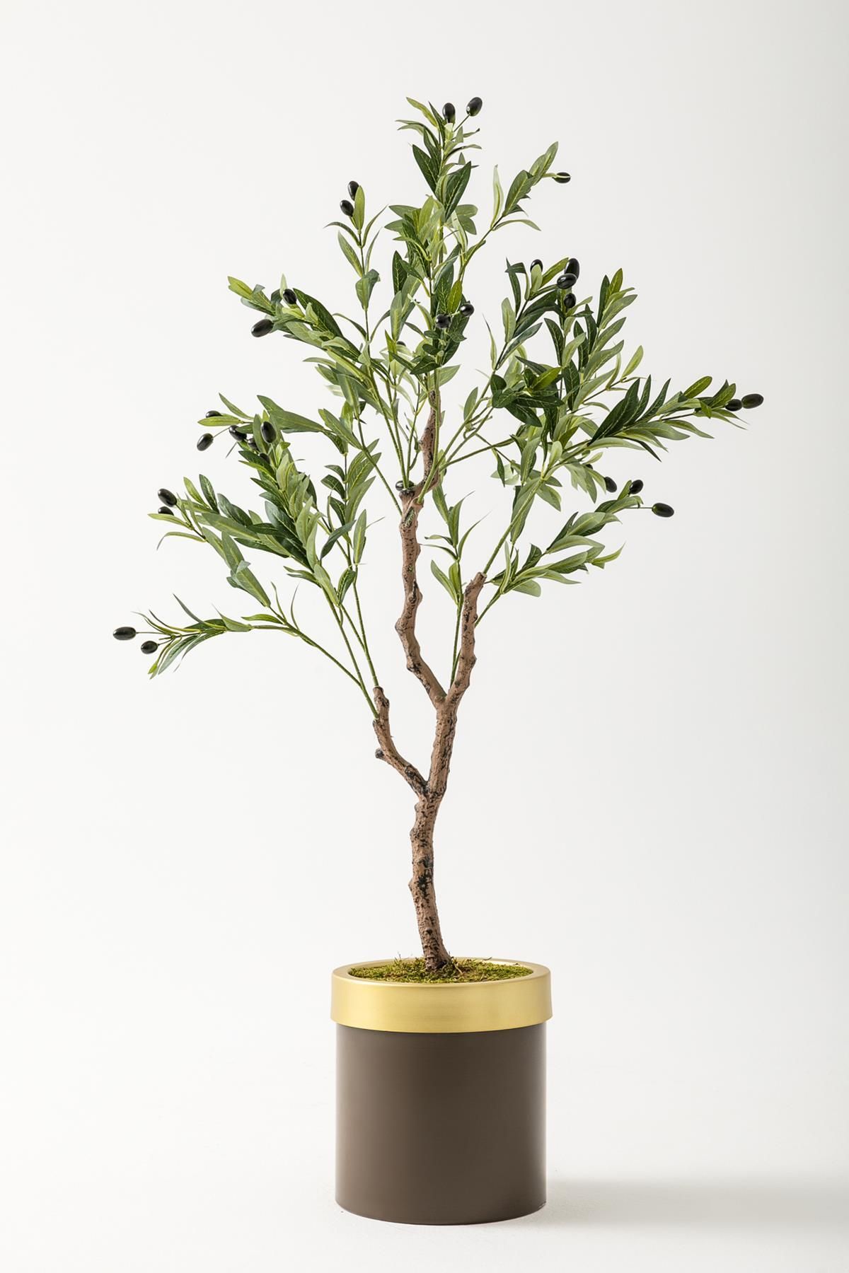 Güleç Yapay Çiçek Yapay Zeytin Ağacı 120 Cm Kahverengi Gold Metal Saksı