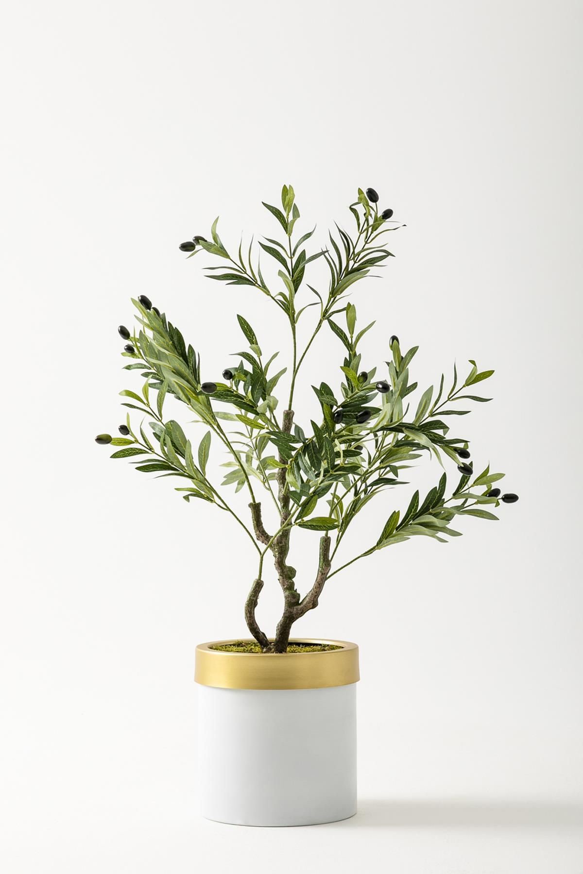 Güleç Yapay Çiçek Yapay Zeytin Ağacı 85 Cm Beyaz Gold Metal Saksı