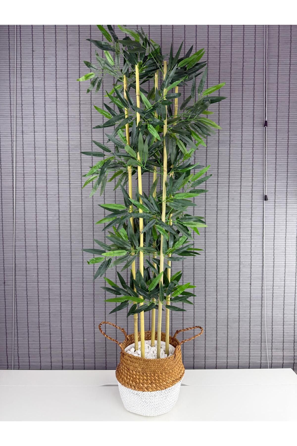 Bahçem Dekoratif Yapay Yapraklı 130cm 5 Gövde Katlanır Natural-Beyaz Hasır Bambu Sepetli Bambu Ağacı