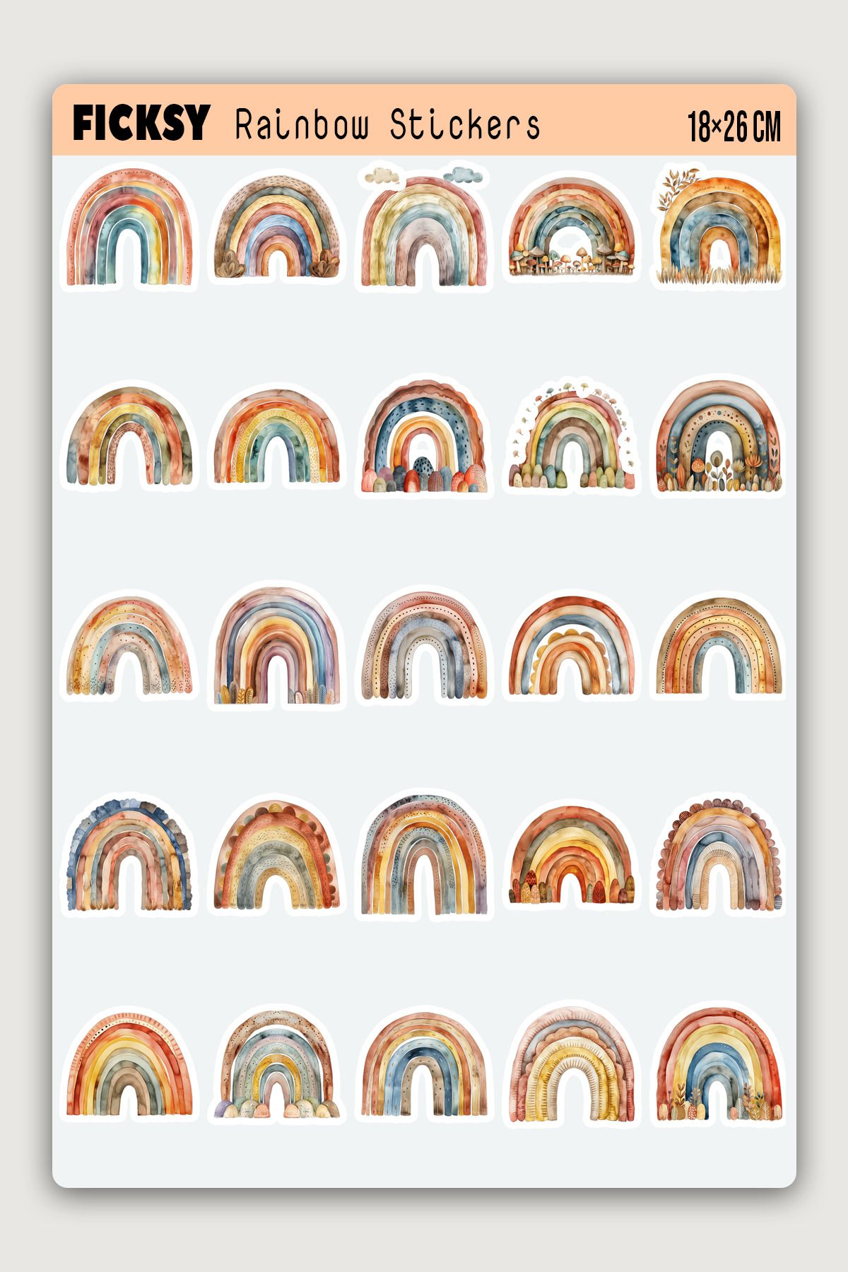 Ficksy Gökkuşağı Sticker Seti - 25 Adet Yuvarlak Etiket Çıkartma