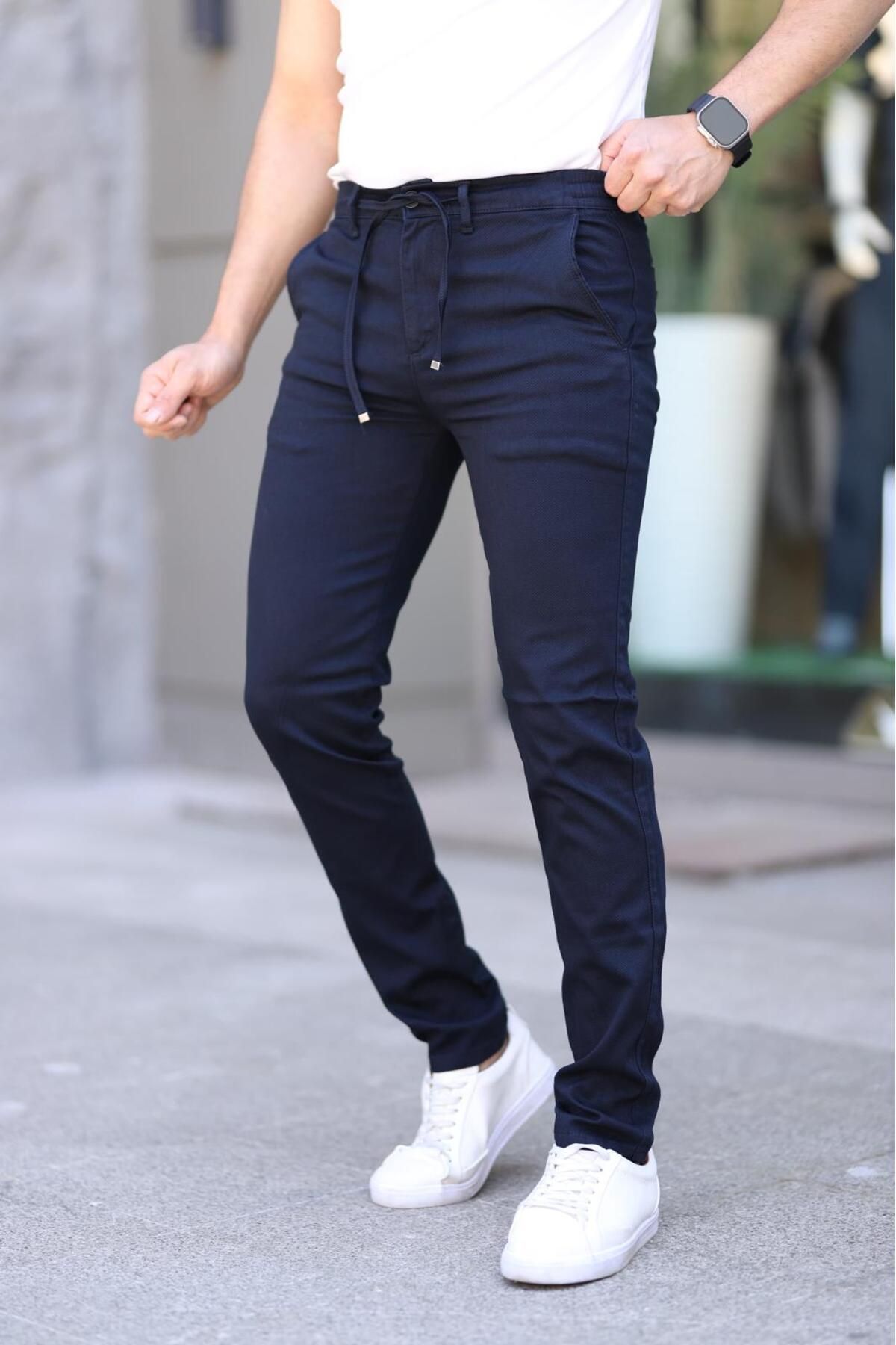 XORVİO Erkek Slim Fit Esnek Likralı Armürlü Keten Bağcıklı Şık Kaliteli Pantolon
