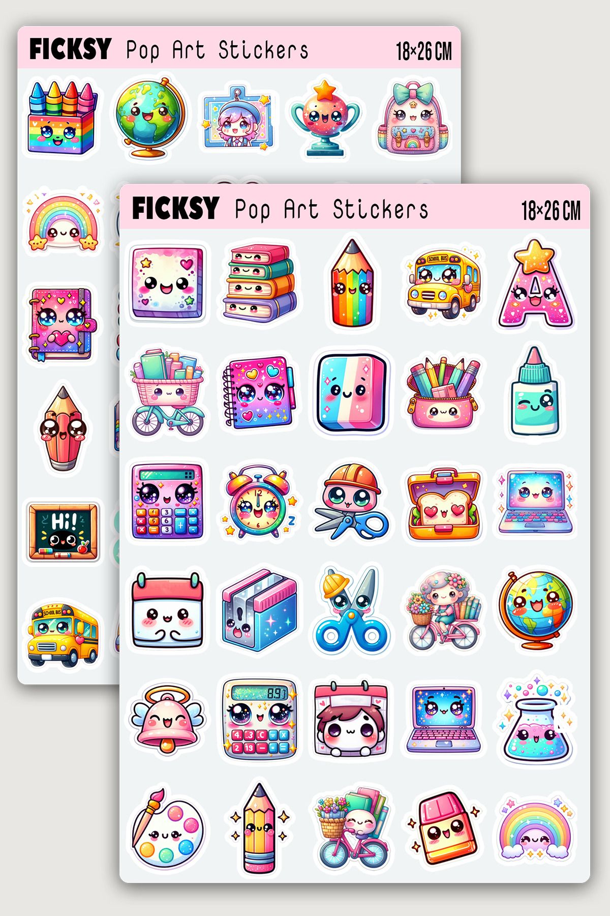 Ficksy Kawaii Okul Temalı Sticker Seti - 60 Adet Etiket Çıkartma
