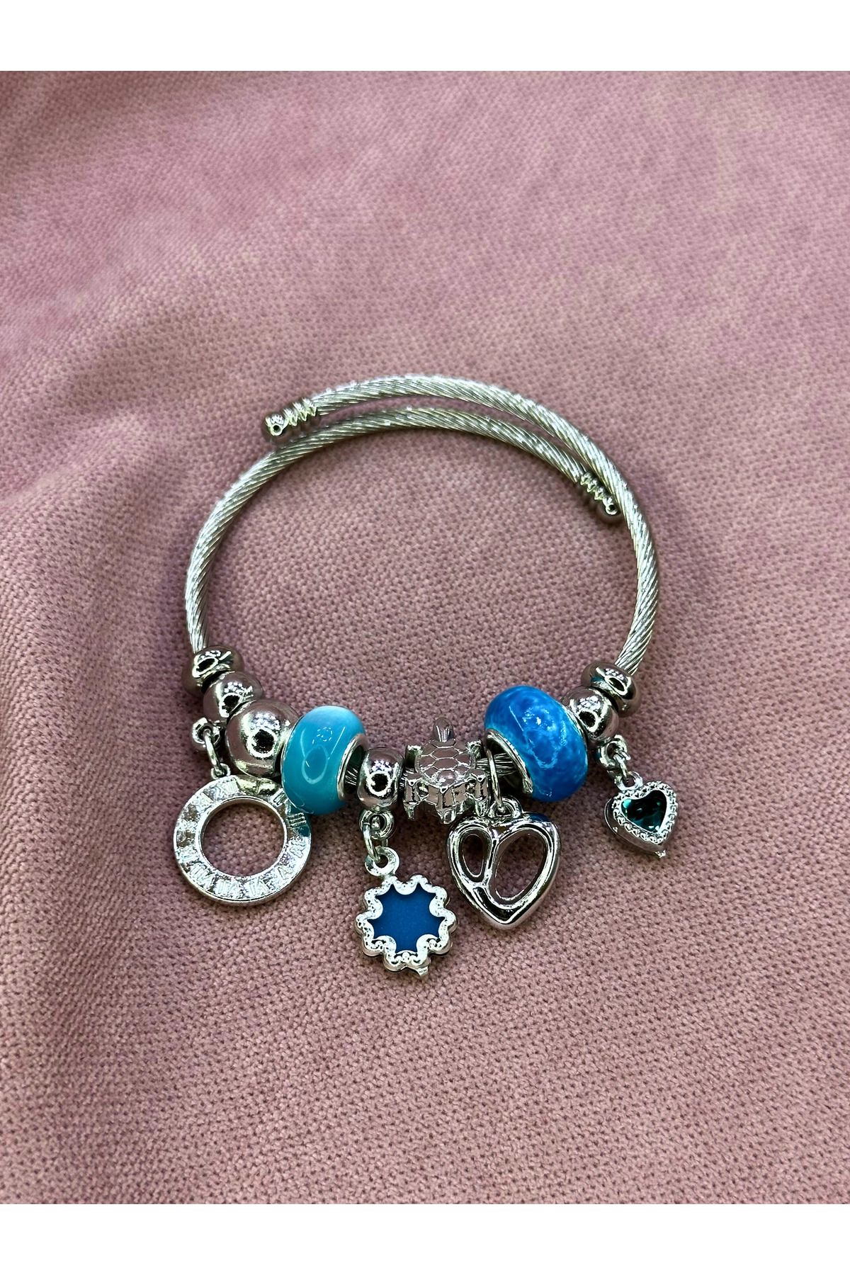 AYZENA Kalp / Mini Kalp Charm Detaylı Çelik Bileklik