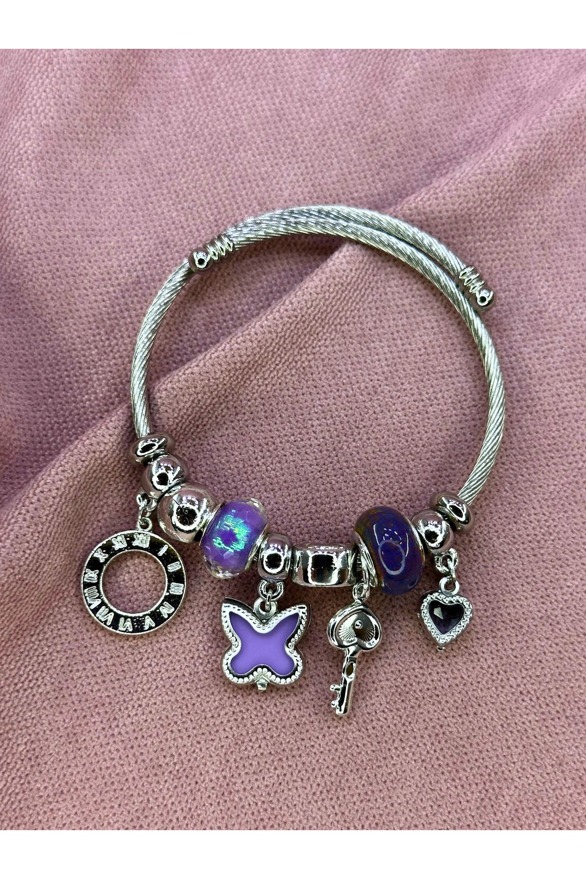 AYZENA Anahtar / Mor Kelebek Charm Detaylı Çelik Bileklik
