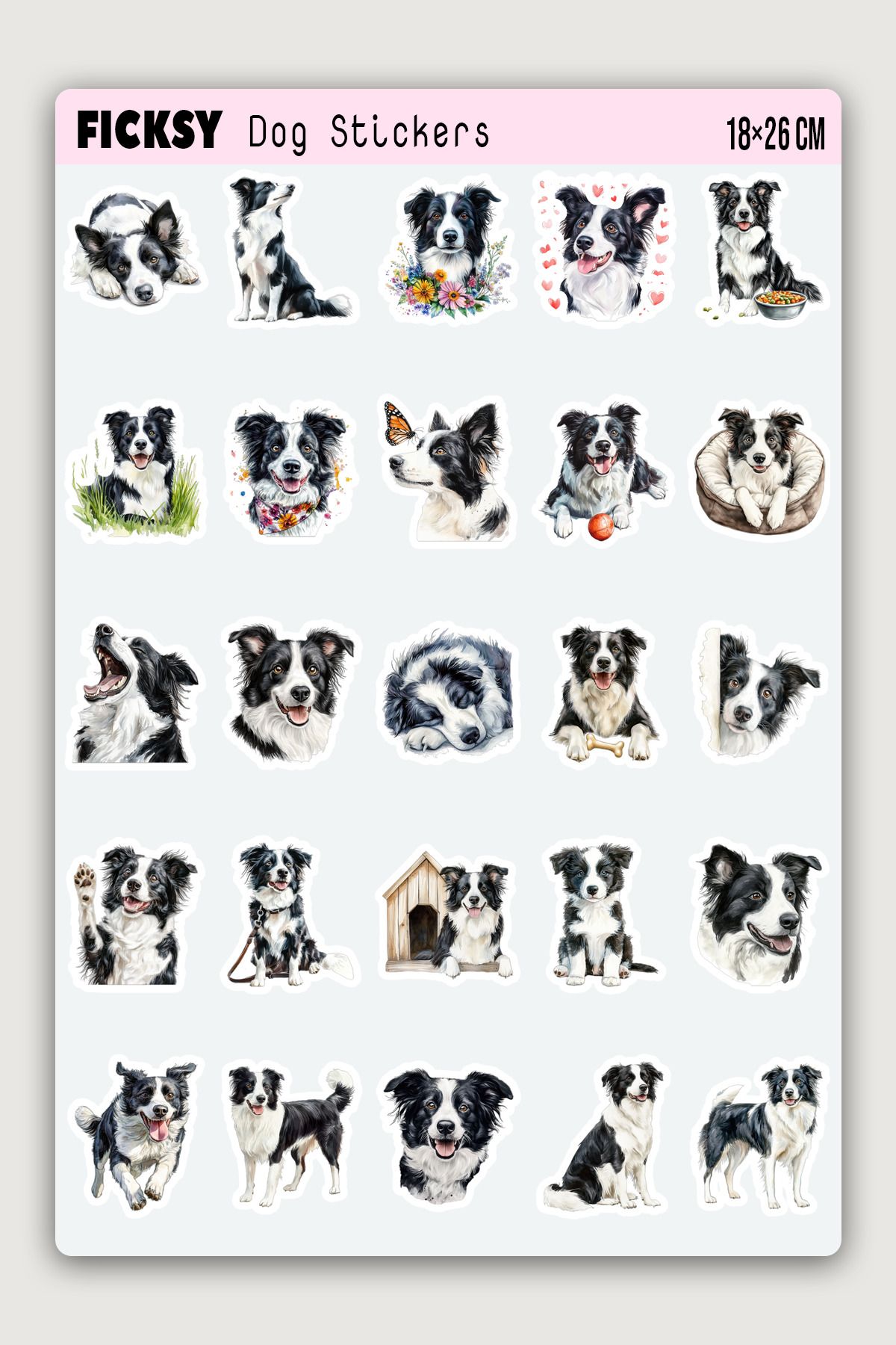 Ficksy Border Collie Köpek Sticker Seti - 25 Adet Etiket Çıkartma