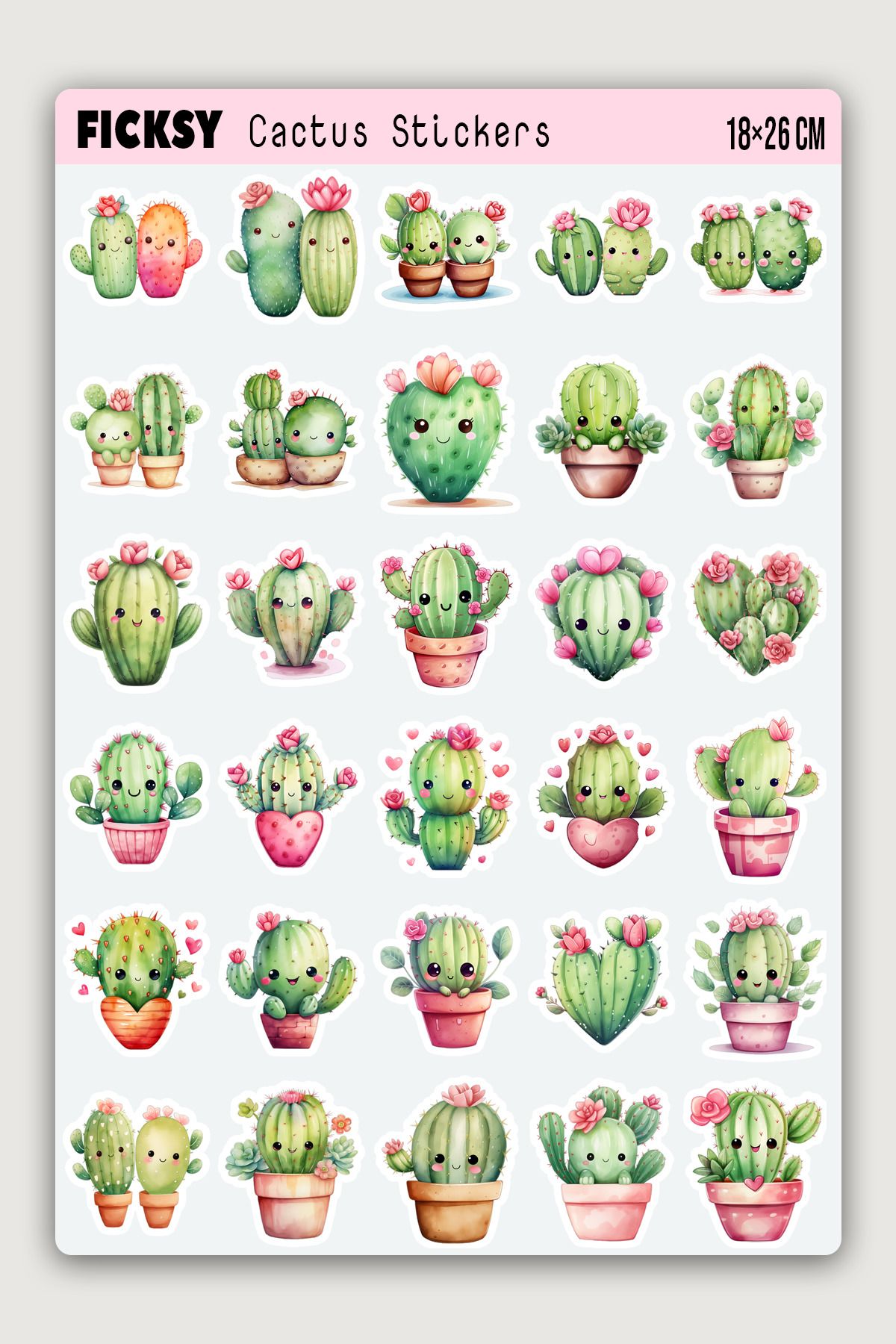 Ficksy Sevimli Kawaii Stili Kaktüs Sticker Seti - 30 Adet Etiket Çıkartma