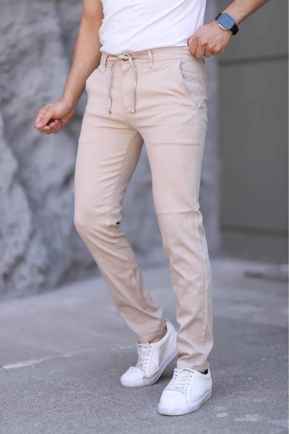 XORVİO Erkek Slim Fit Esnek Likralı Armürlü Keten Bağcıklı Şık Kaliteli Pantolon